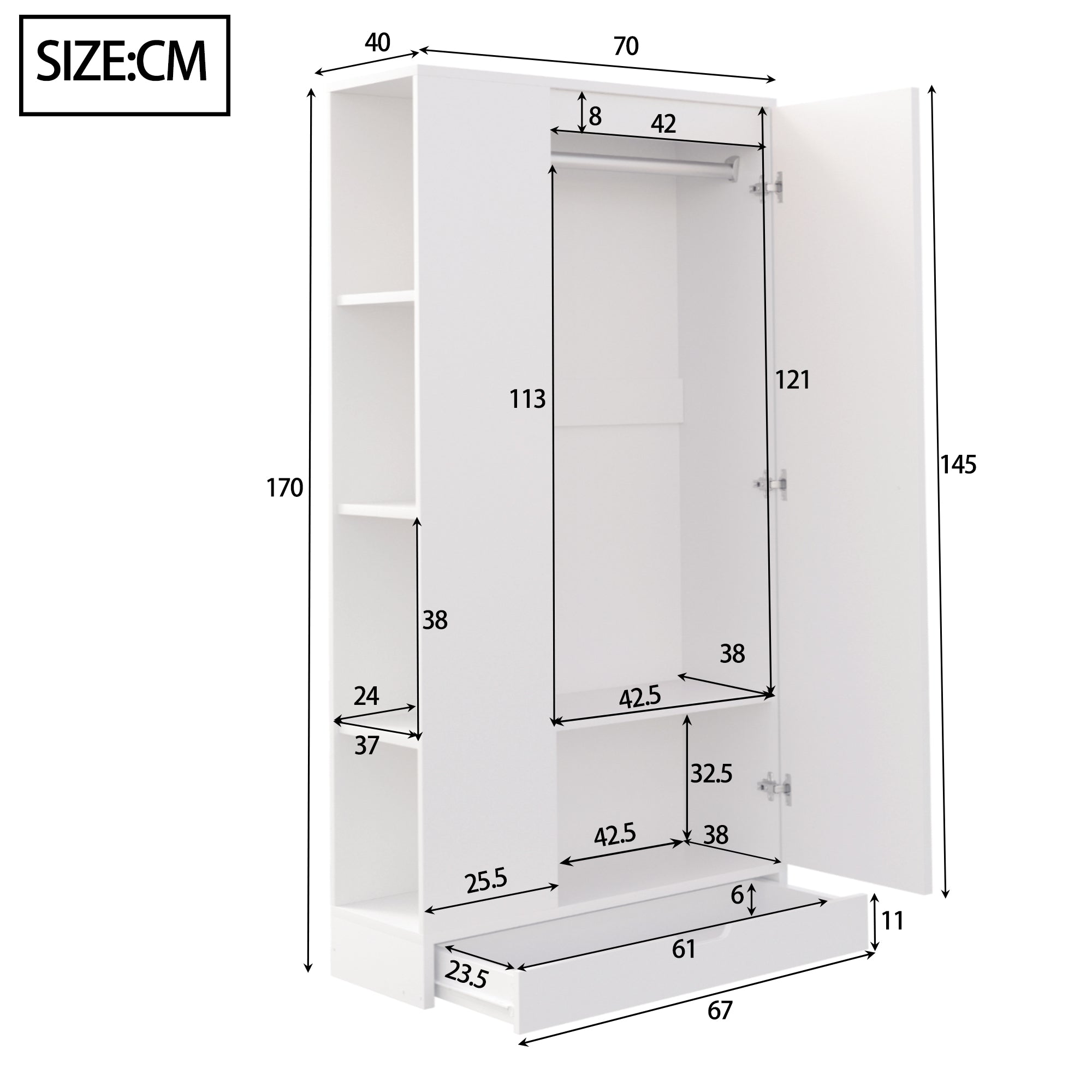 Wardrobe 70x40x170cm Single-Door with Shelves and Drawers, Pure White