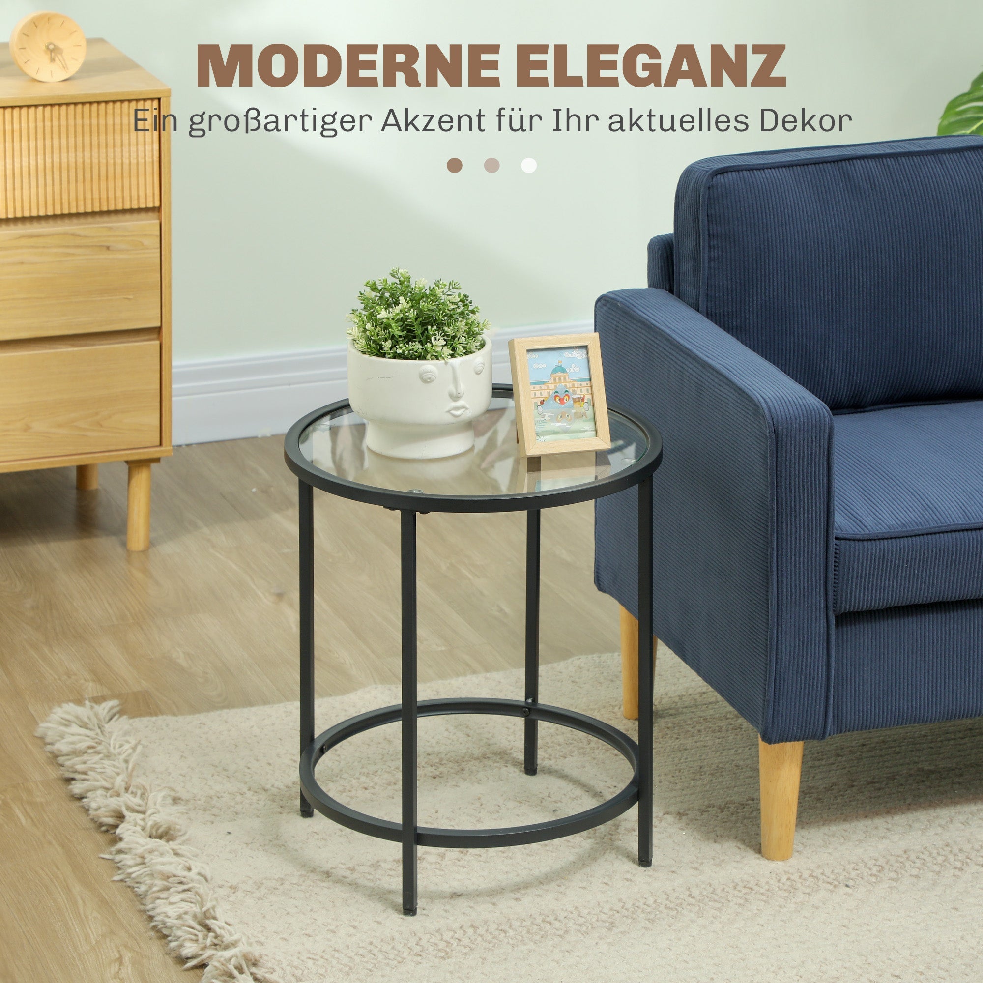 Round Side Coffee Table, Glass Top Nightstand Metal Frame, Black