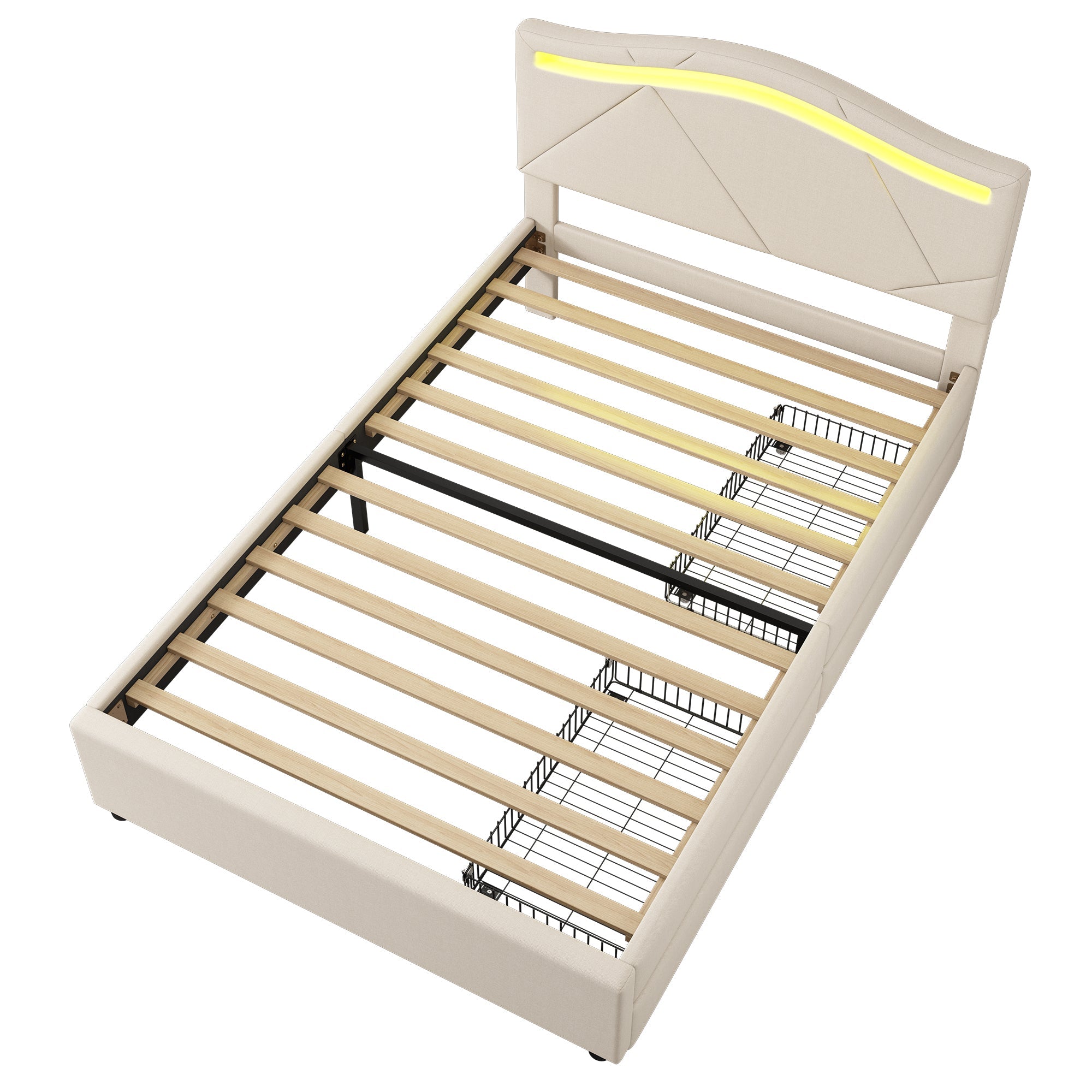 Upholstered Bed 90x200cm LED Lights 2-Drawer Adjustable Headboard Beige Linen