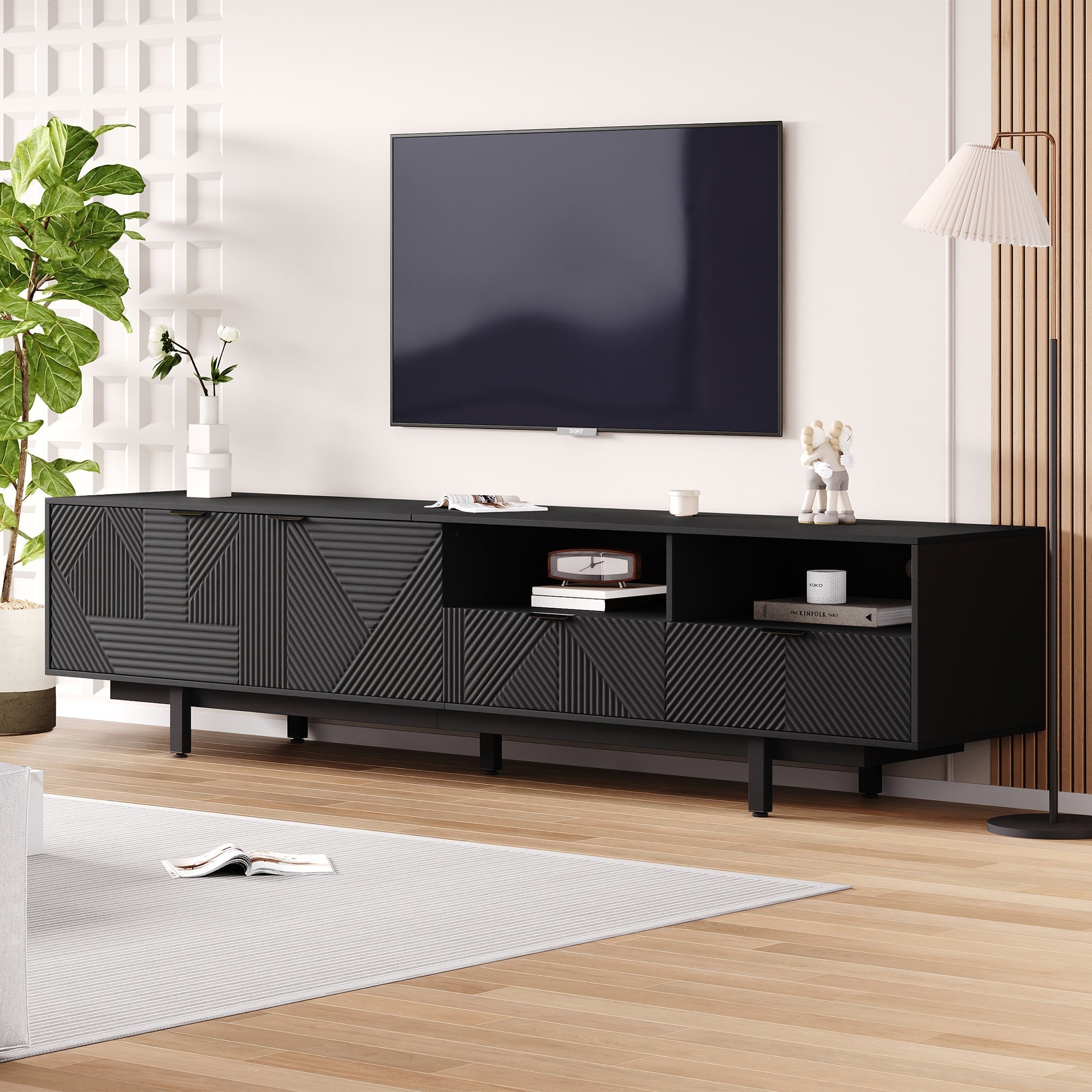TV Cabinet, Modern Bohemian, Abstract Geometric, 90-inch, Black