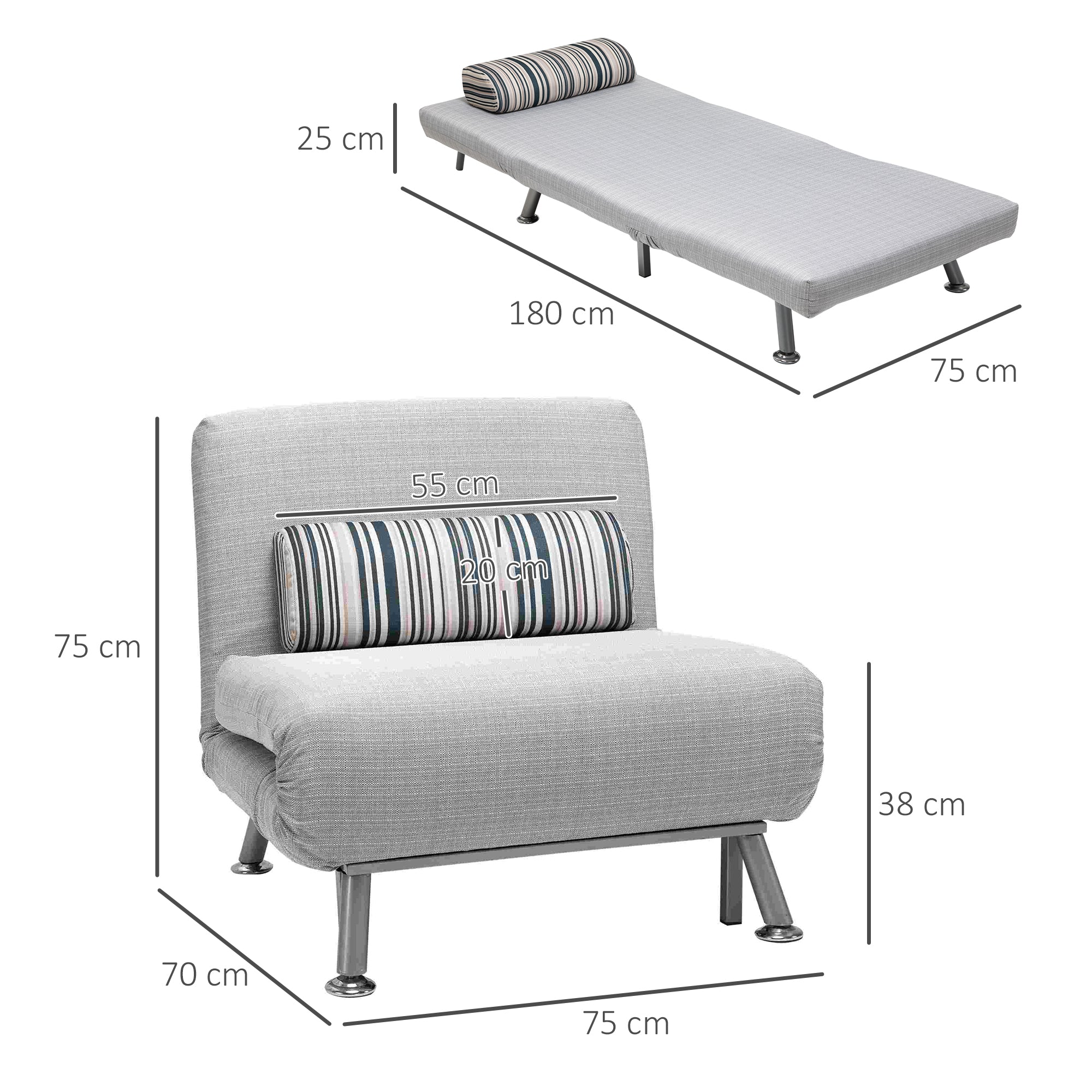 Folding Bed Sleeper Chair Guest Bed Sofa, Folding Mattress Metal, Grey 75x70x75cm