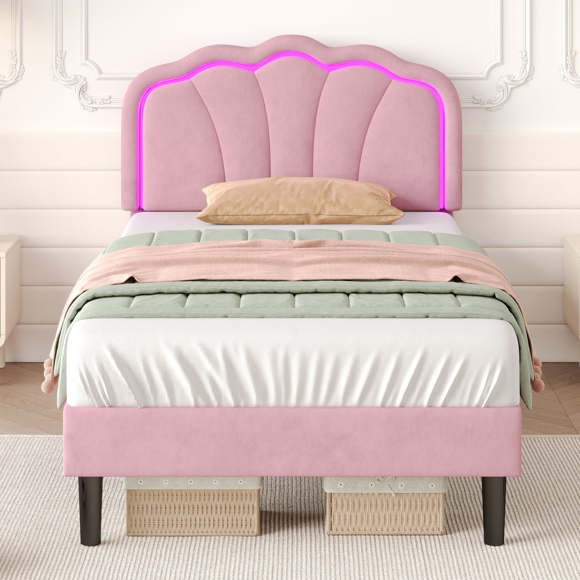 3ft Single Upholstered Bed with LED Adjustable Shell Shape Headboard, Soft Velvet, Pink
