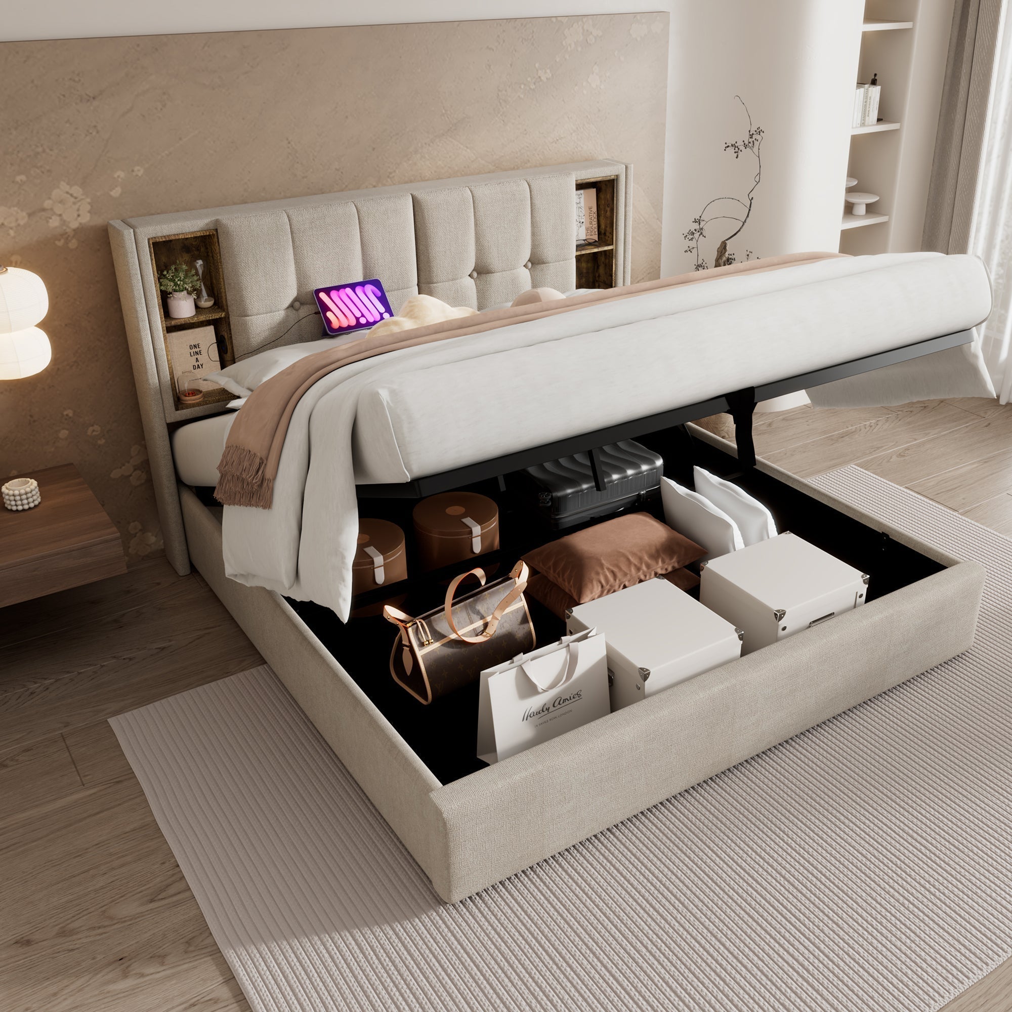 Double Bed Upholstered Frame 140x200cm, Wireless Charging USB C, Storage, Linen