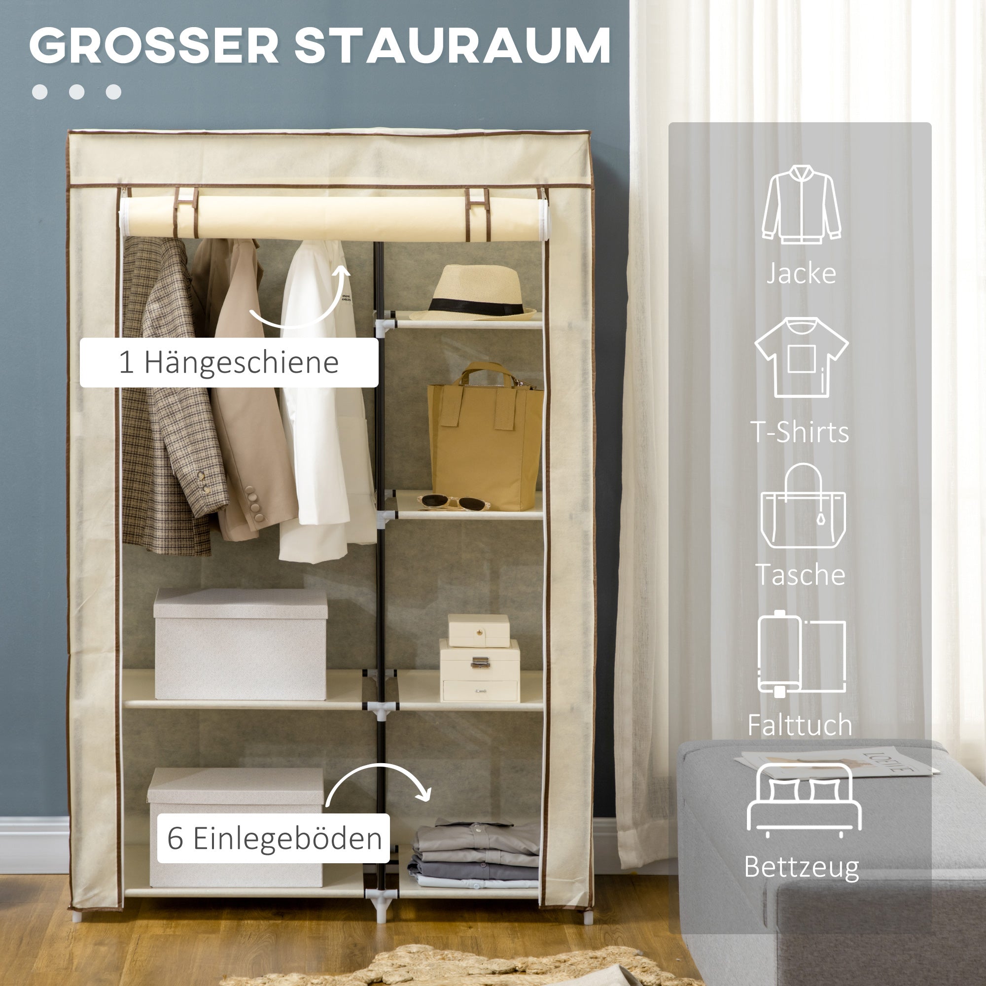 Kleiderschrank faltbar, 2 Kleiderstangen & 6 Fächer, Stoff Creme