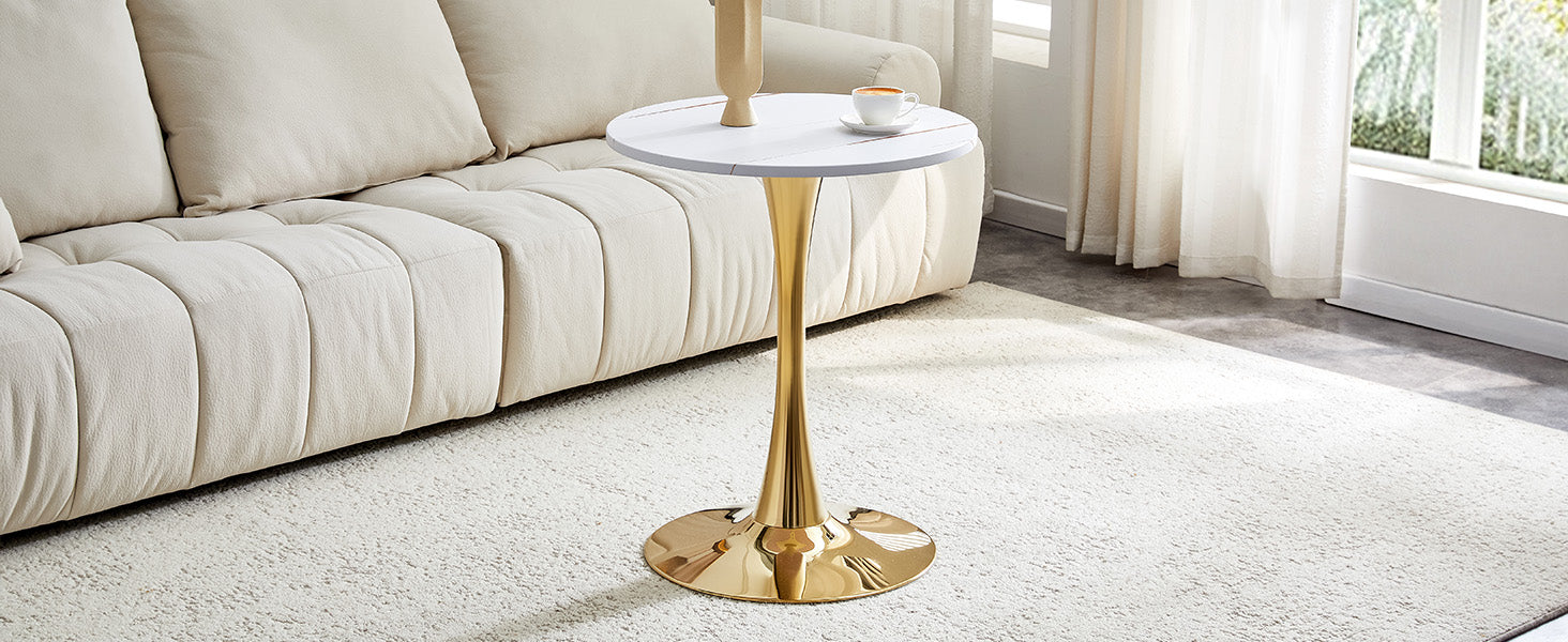 Round 60cm Side/Dining Table MDF Golden Leg White Grain