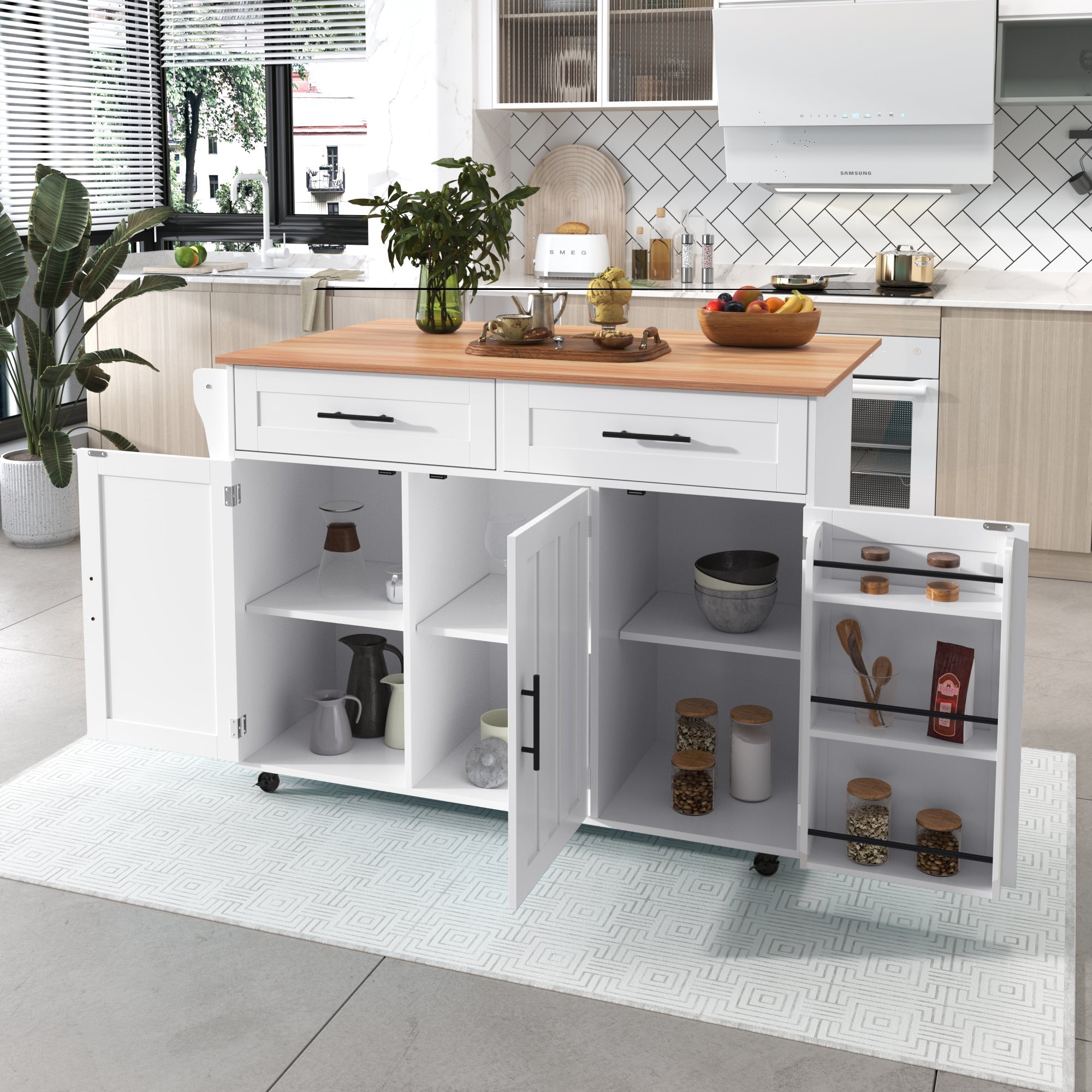 Dining Cart Sideboard 129cm Folding Worktop Storage Cabinet Wheels Reversible Feet - Wood Grain & White