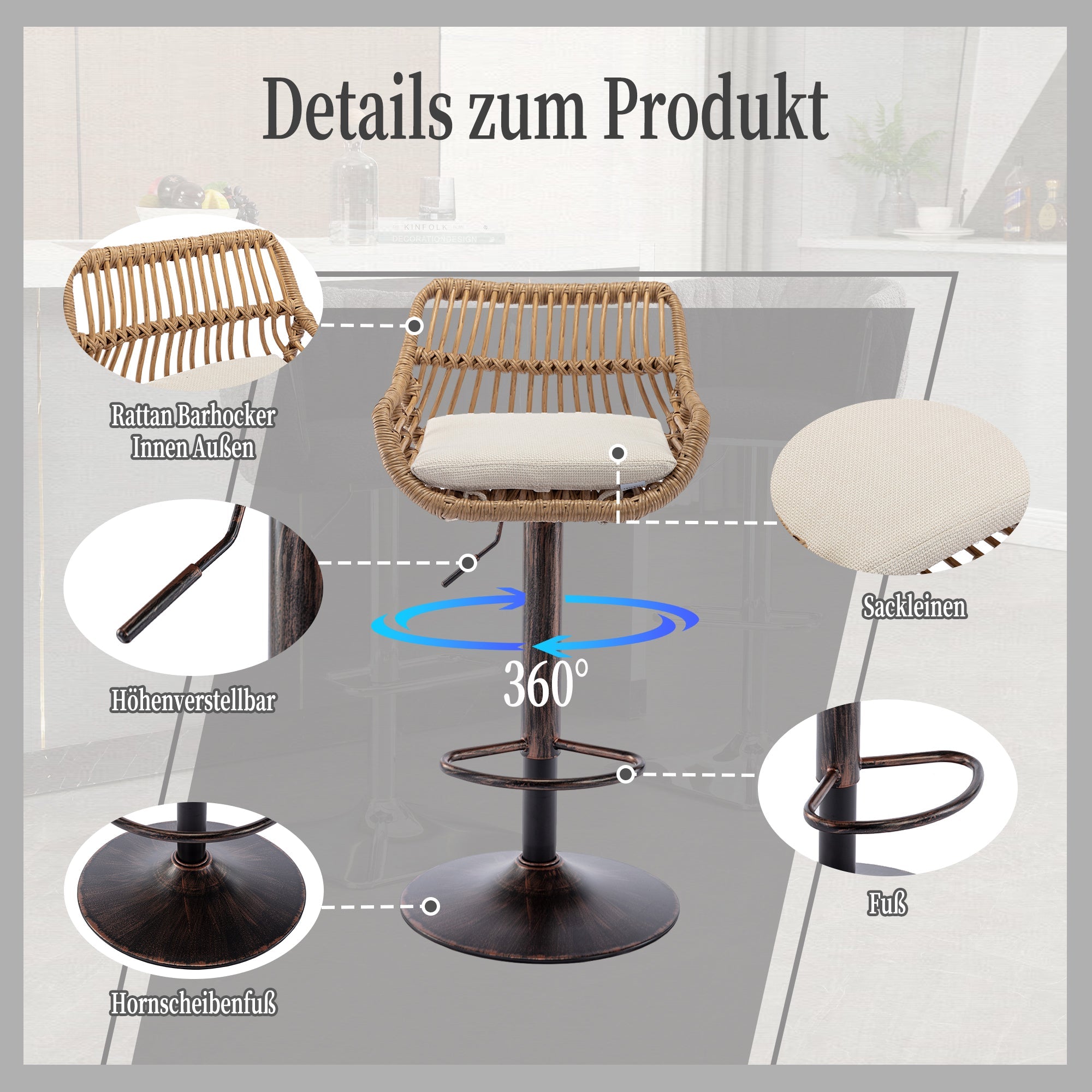 Modern Bar Stool Set of 2, Adjustable with Footrest, Beige