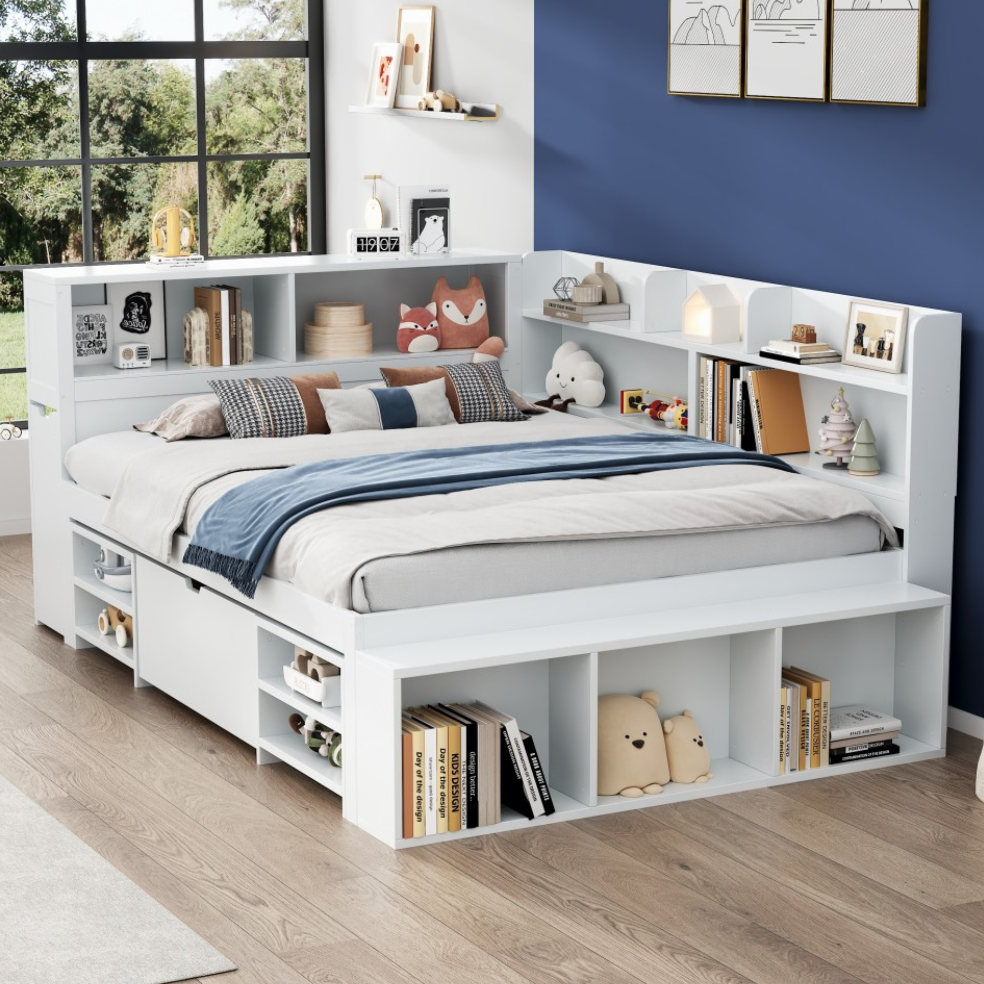 LED upholstered bed, 140 × 190 cm, hydraulic bed, 2-in-1 storage drawers at the foot of the bed, built-in LED light strips on both sides of the bed, slatted base, mattress not included, velvet, grey.