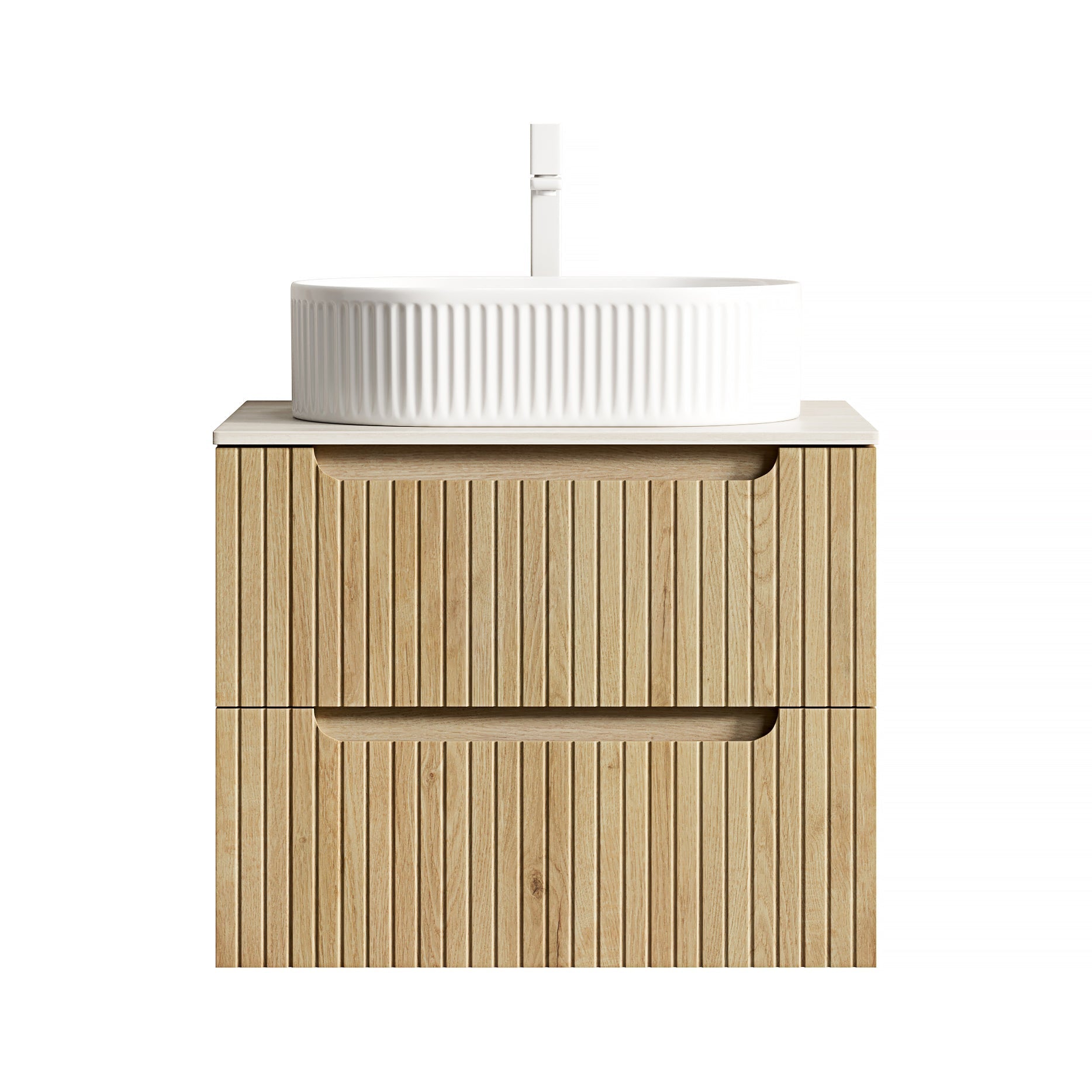60cm Floating Vanity Oval Sink Sintered Stone Top 2 Drawers - White Oak