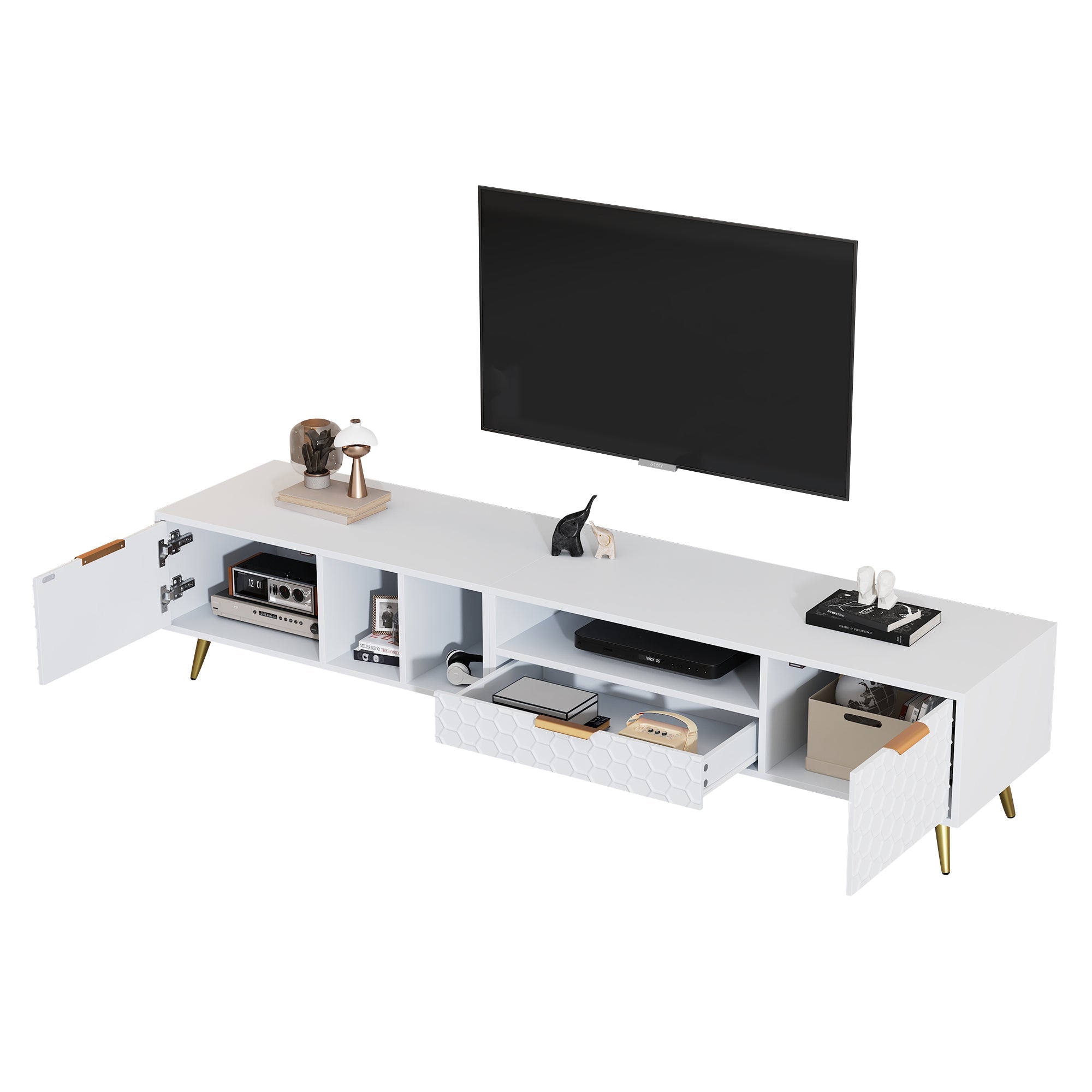 TV Stand, Vertical Honeycomb Pattern, 80-Inch TV, White