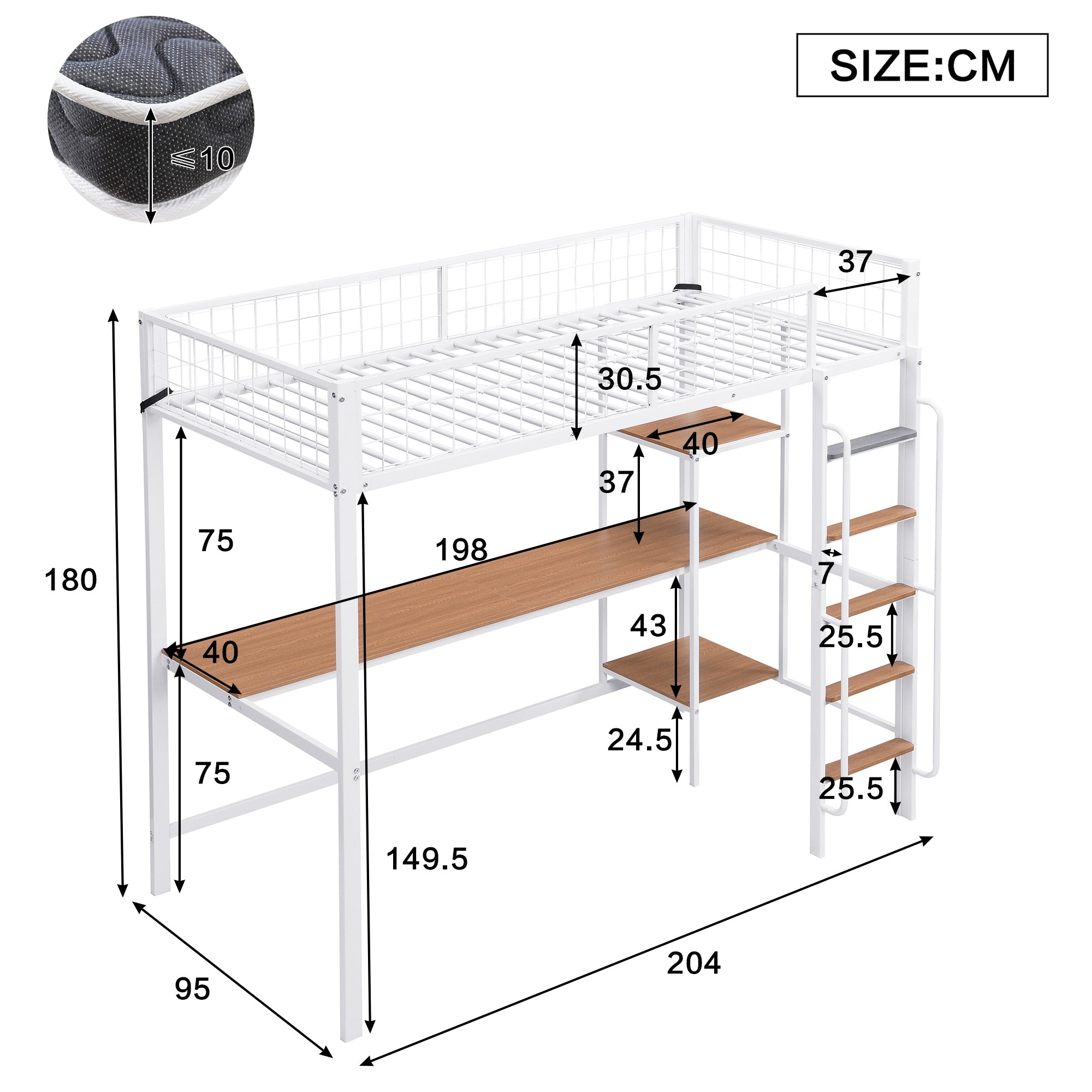 Iron Frame Bunk Bed with Table, Shelves, Ladder, Rail, 90x200cm, White + Natural Iron + MDF