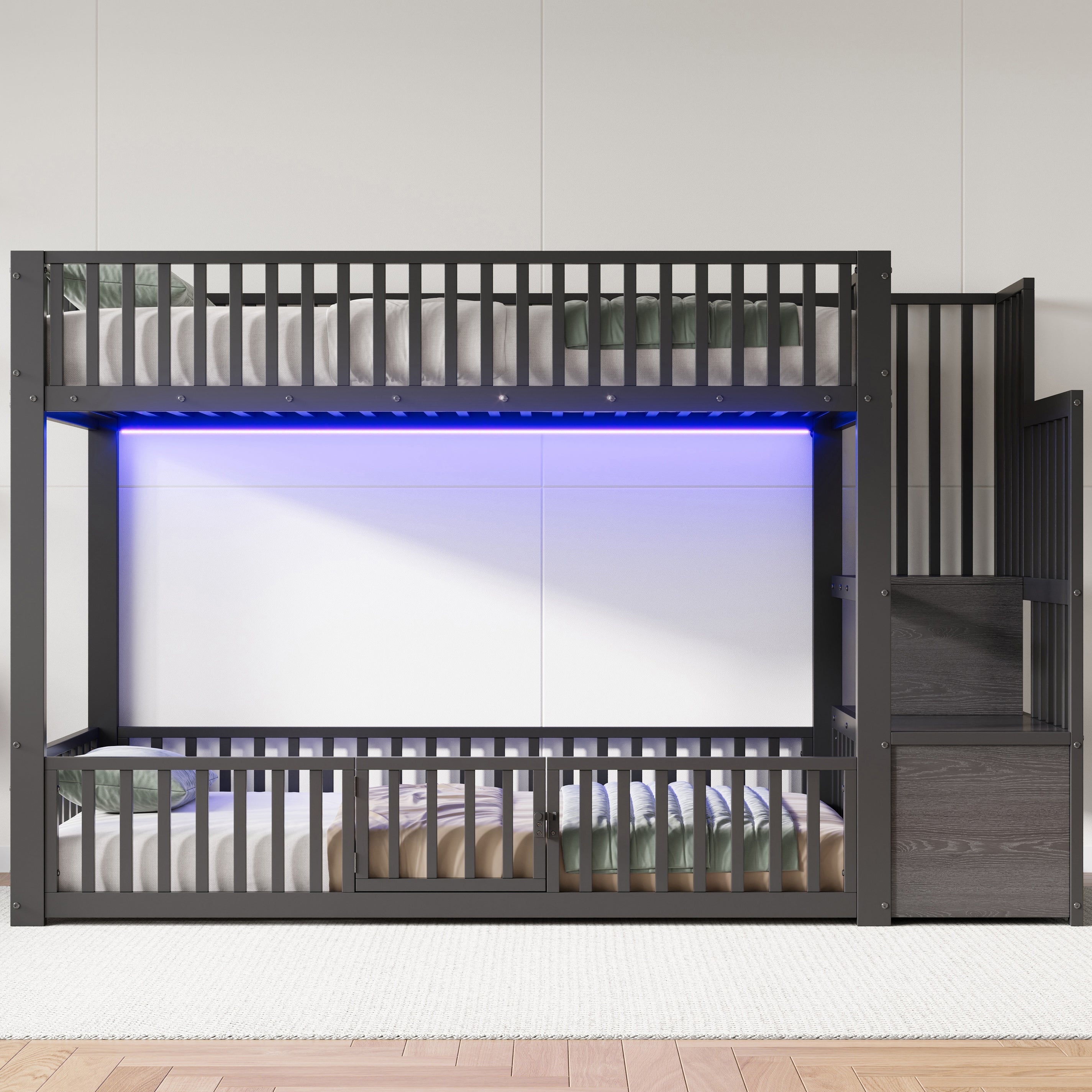 Bunk Bed with Storage Ladder and LED, 90x200cm, Black Metal