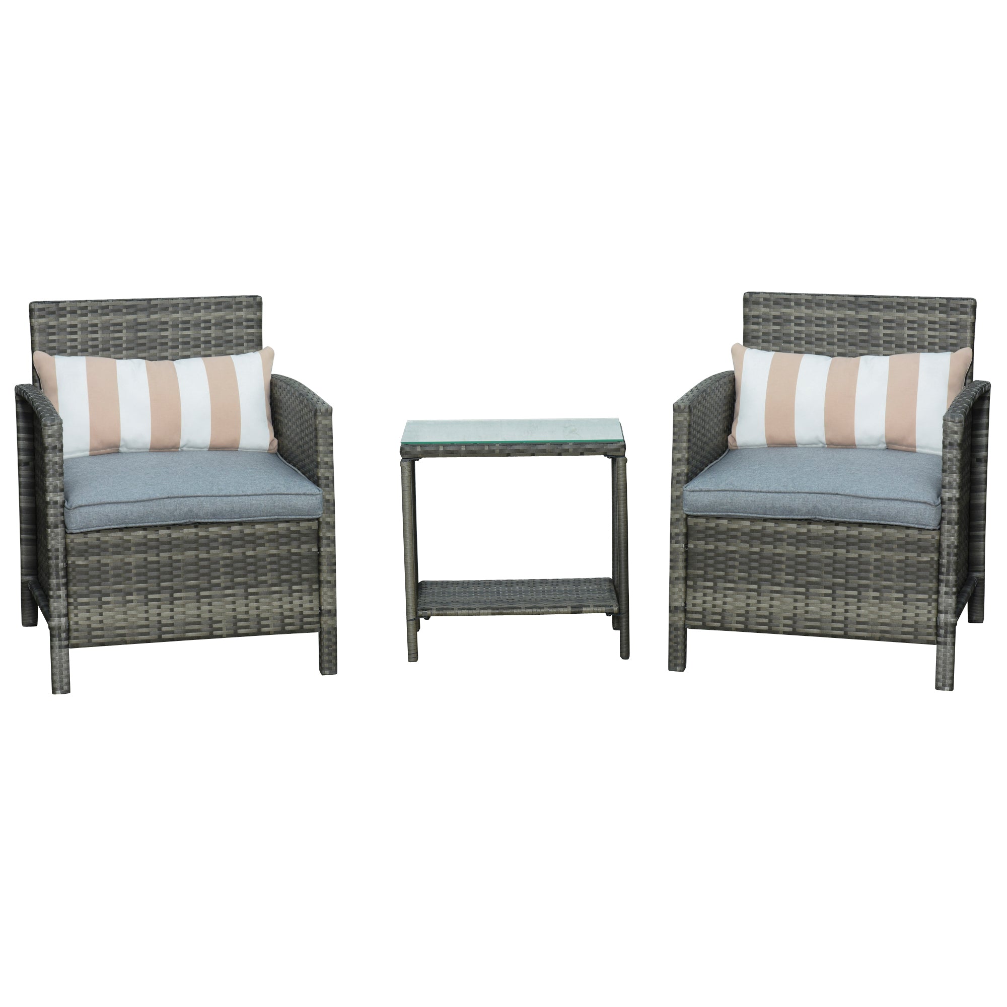 3 Pieces Rattan Bistro Set, Wicker Garden Furniture with 2-Tier Glass Top Table, Grey