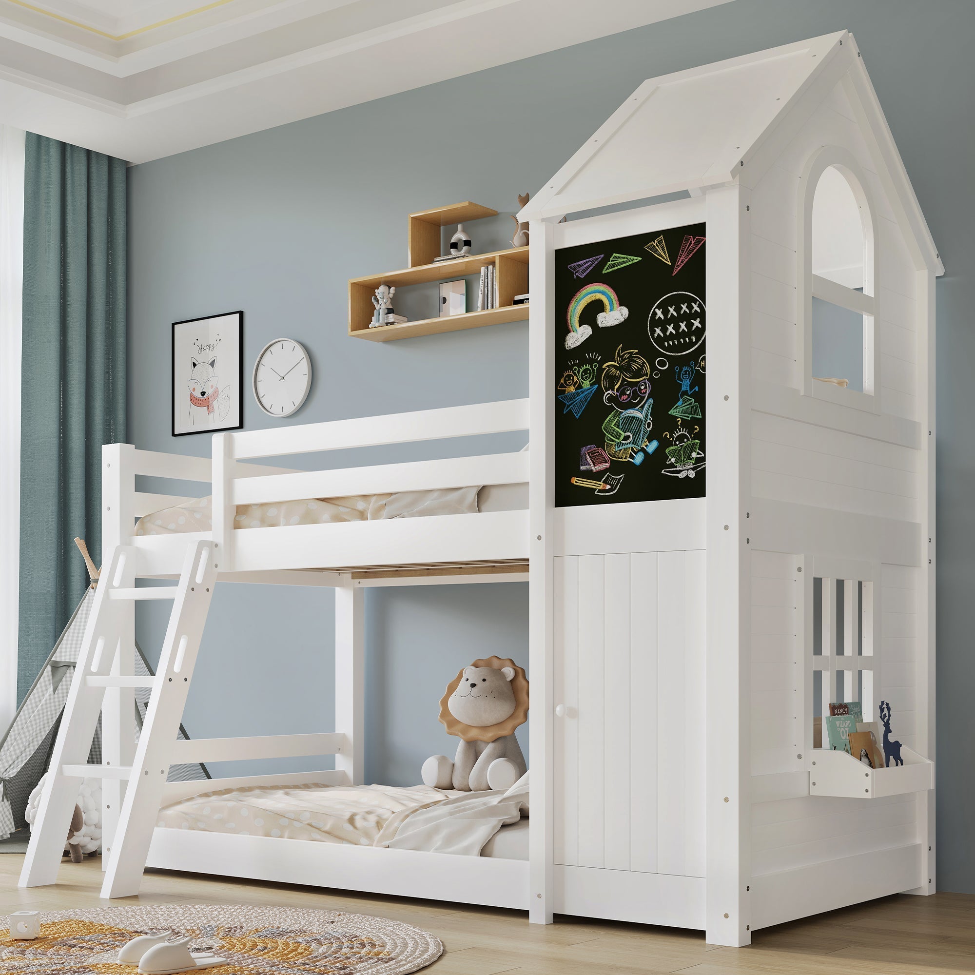Bunk Bed 90x200cm House Design Chalkboard Door Slanted Ladder - White