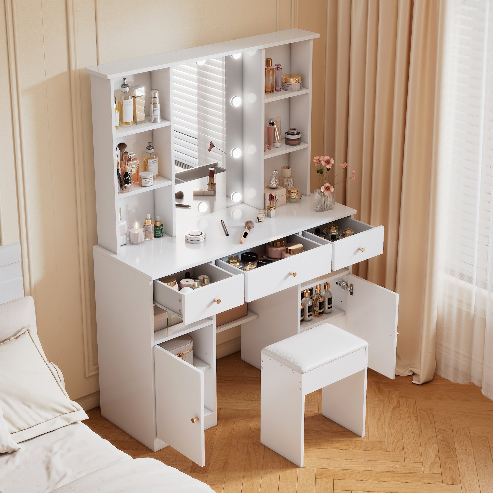 Dressing Table with LED lighting, Mirror, Stool, 3 Drawers, 2 Doors, White