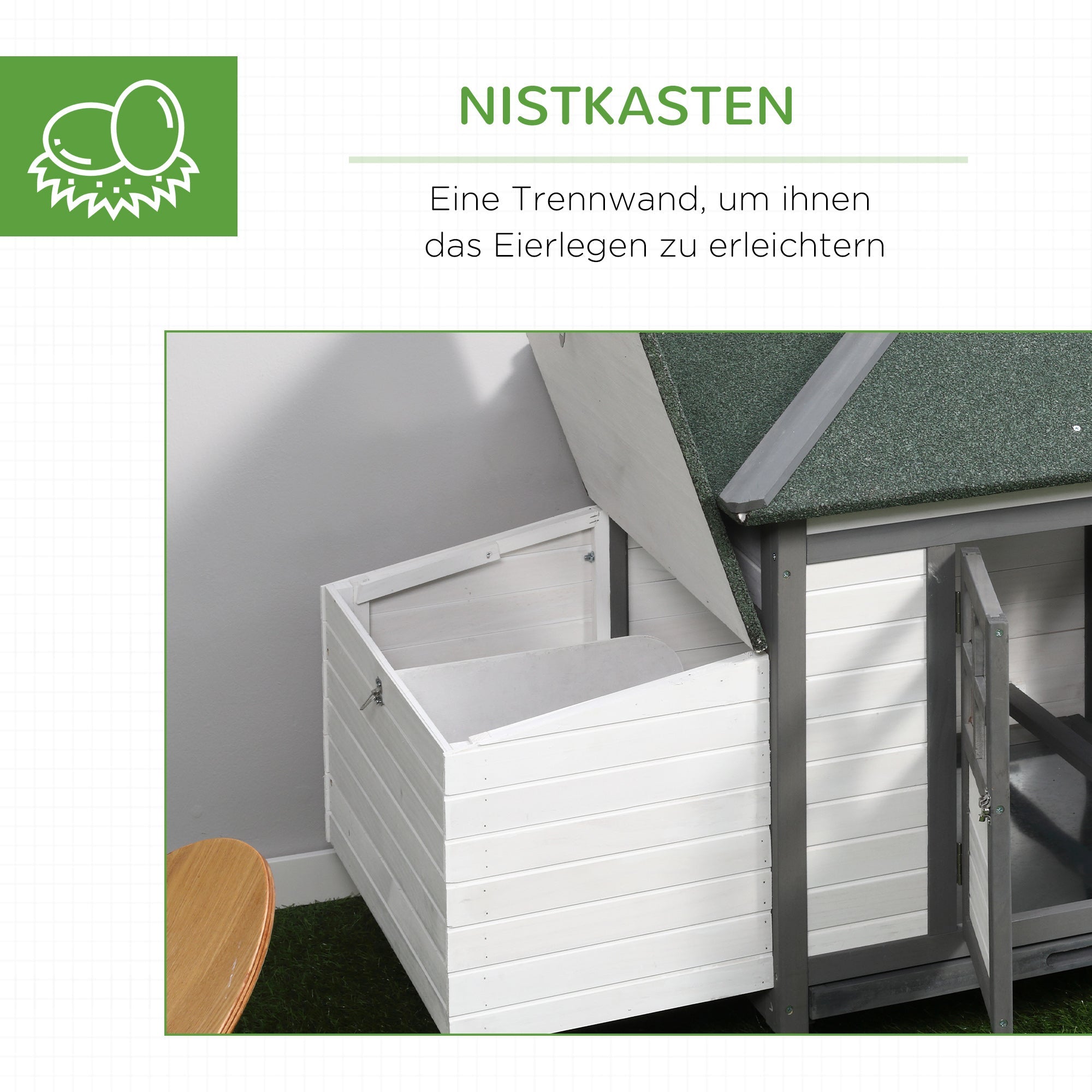 Bantam Hühnerstall mit Auslauf, Sitzstangen, Nistkasten, Kiefernholz, Grau+Weiß