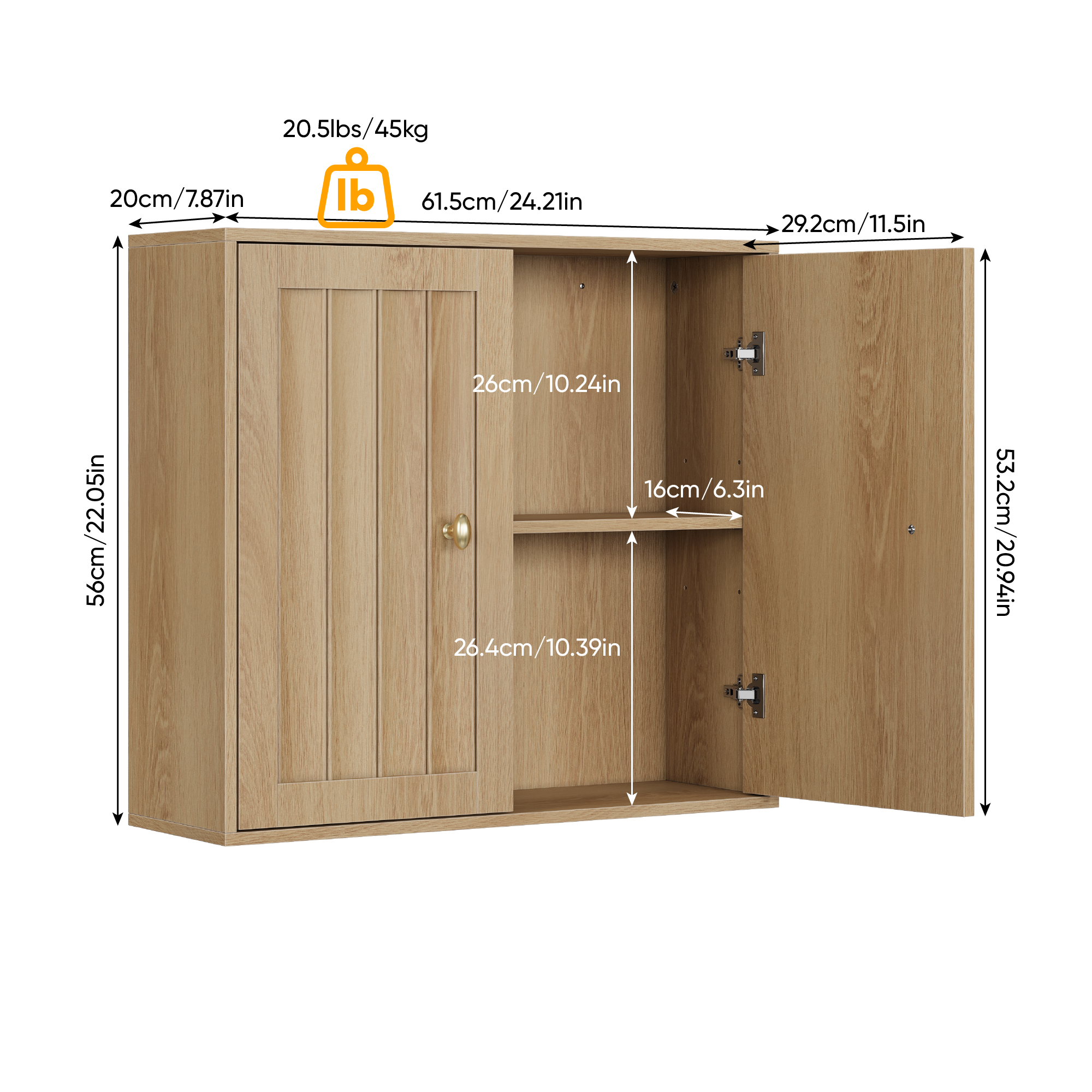 Wall-Mounted Bathroom Cabinet, Two-Door Medicine Cabinet with Vertical Groove Design, Oak