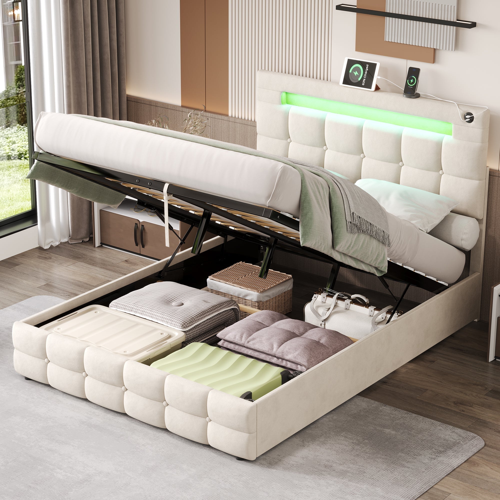 4ft6 Double Upholstered Bed Frame with Hydraulic Storage, LED Lighting, Charging Station, and Adjustable Button Tufted Headboard, Beige Velvet (No Mattress)