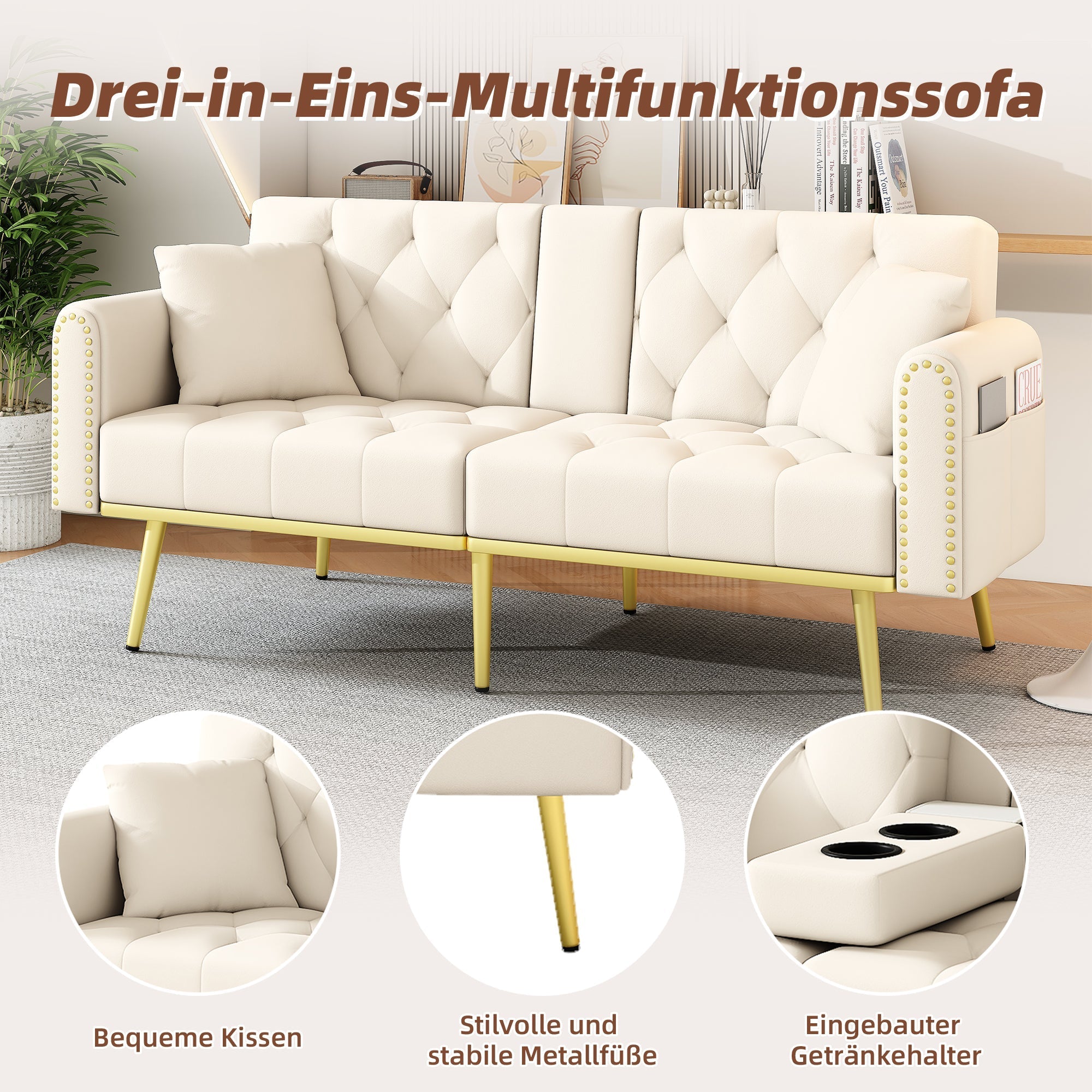 Sofa Bed Double Fold-Out Reclining Cup Holders - Fabric Beige