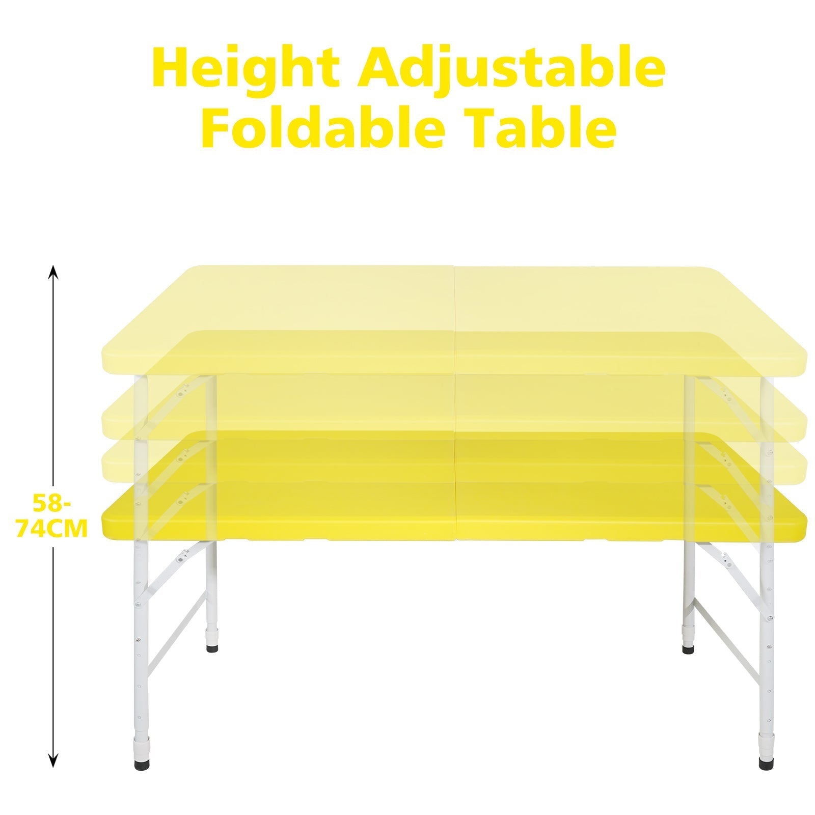 Portable Heavy Duty Folding Table with Handle, Adjustable Height Multi-Functional Table, Yellow
