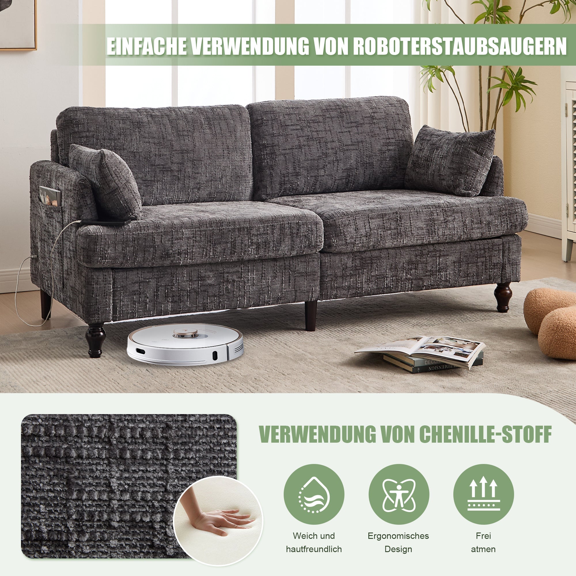 Sofa, 2-Seater with LED, USB, Storage, Chenille