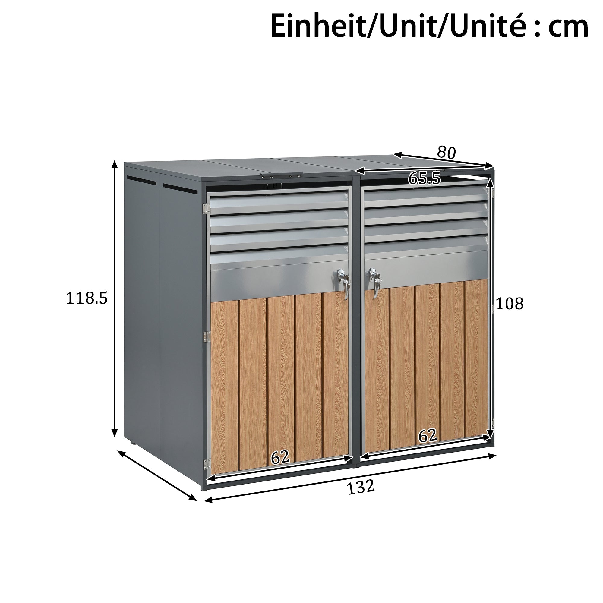 Bin Storage Box with Hinged Lid, Louvered Ventilation and 4 Lockable Doors, Metal