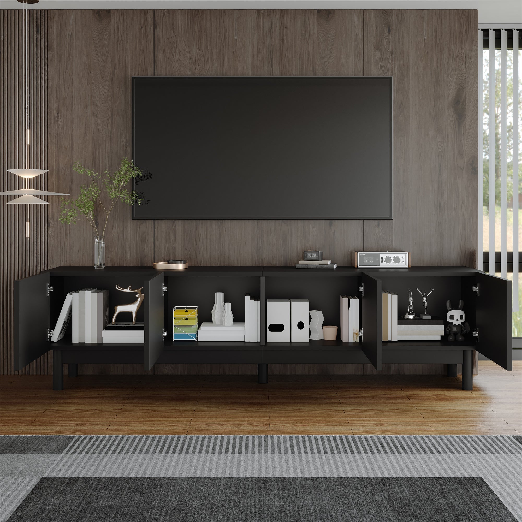 TV Cabinet with Curved Doors, Shelves, and Stabilizing Legs