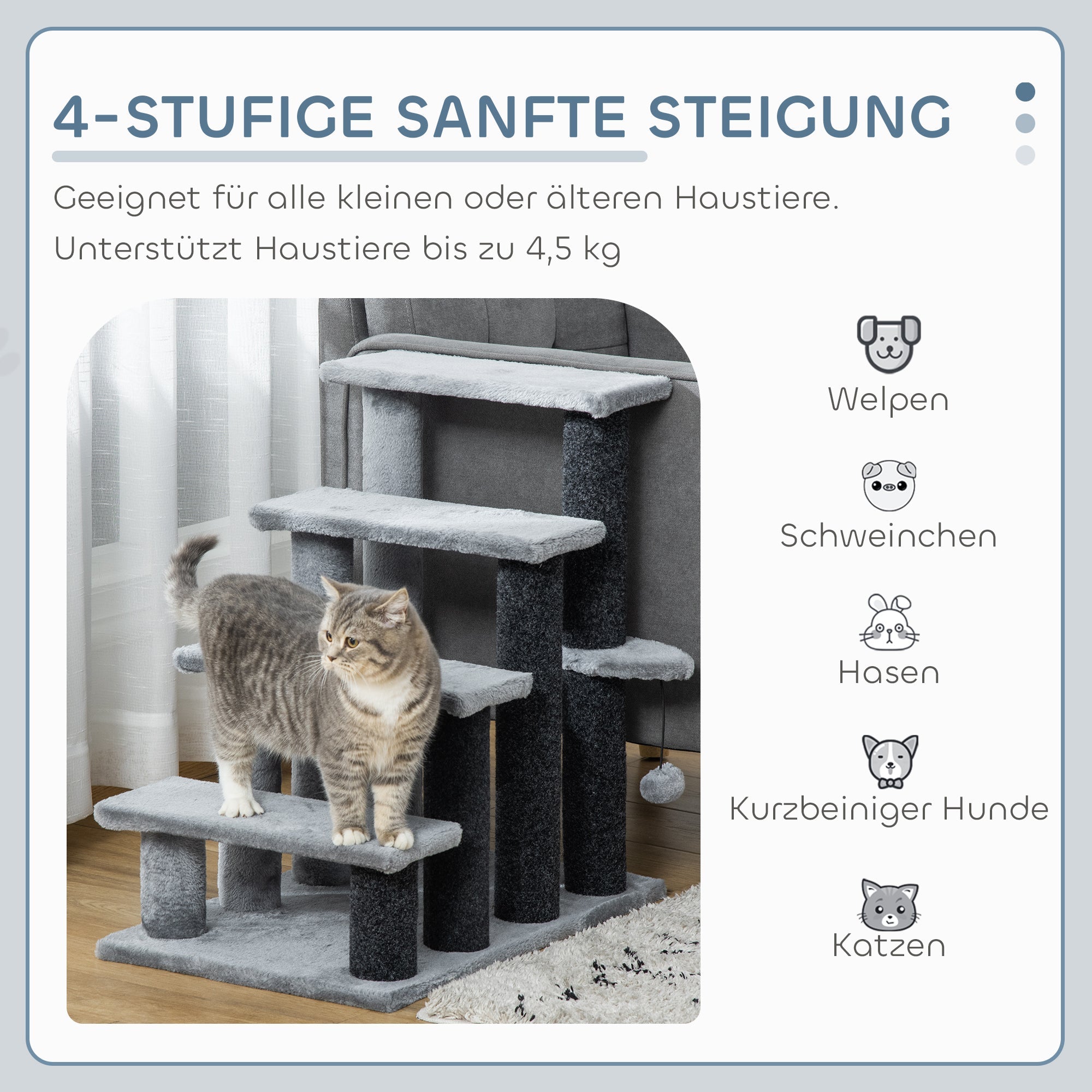 Katzentreppe, 64cm 4 Stufen mit Spielball, Jute und Plüsch, Grau