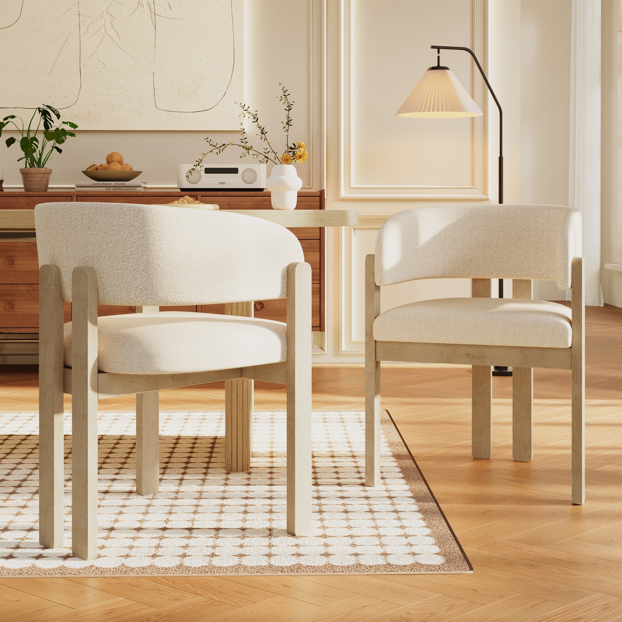 Solid Wood Dining Chairs, Set of 4 Modern Breathable Seats, Natural Bouclé