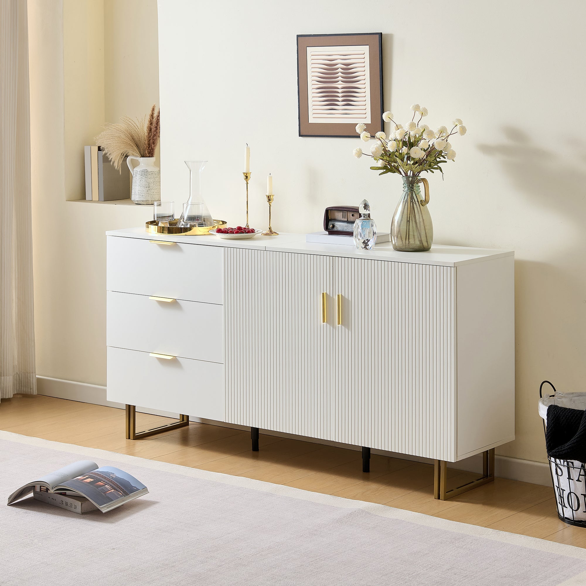 Modern Sideboard with 2 Doors and 3 Drawers, 160cm Storage Cabinet with Gold Steel Legs, White MDF