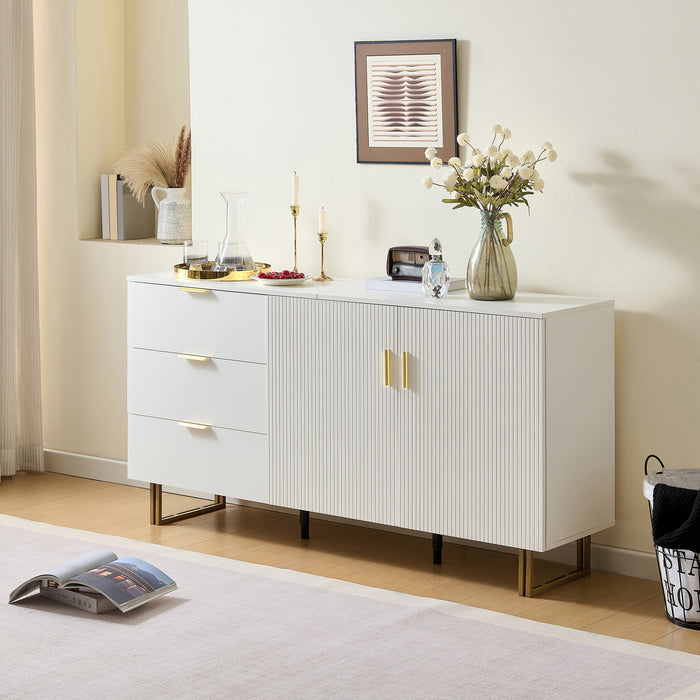 Modern Sideboard with 2 Doors and 3 Drawers, 160cm Storage Cabinet with Gold Steel Legs, White MDF
