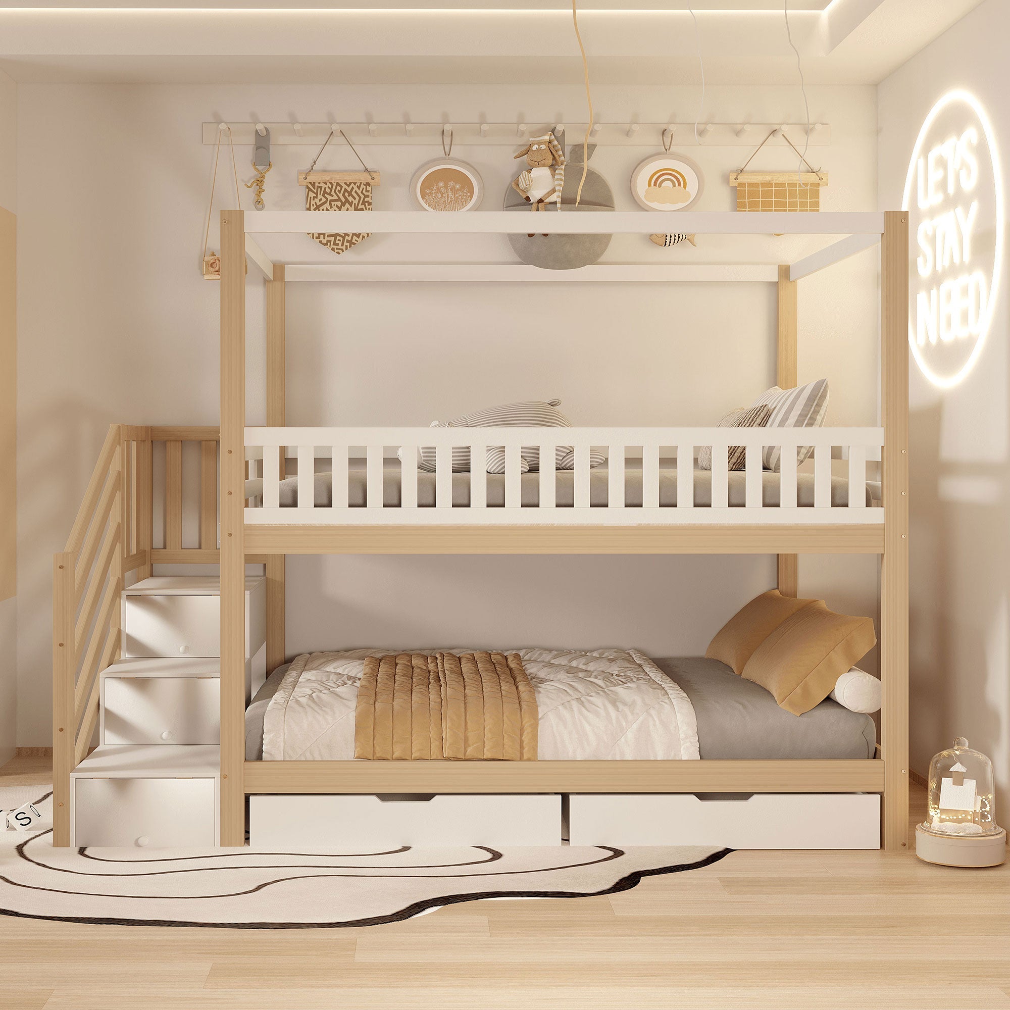 Bunk Bed, 90x200cm Solid Wood Double with Storage & Ladder, White & Wood