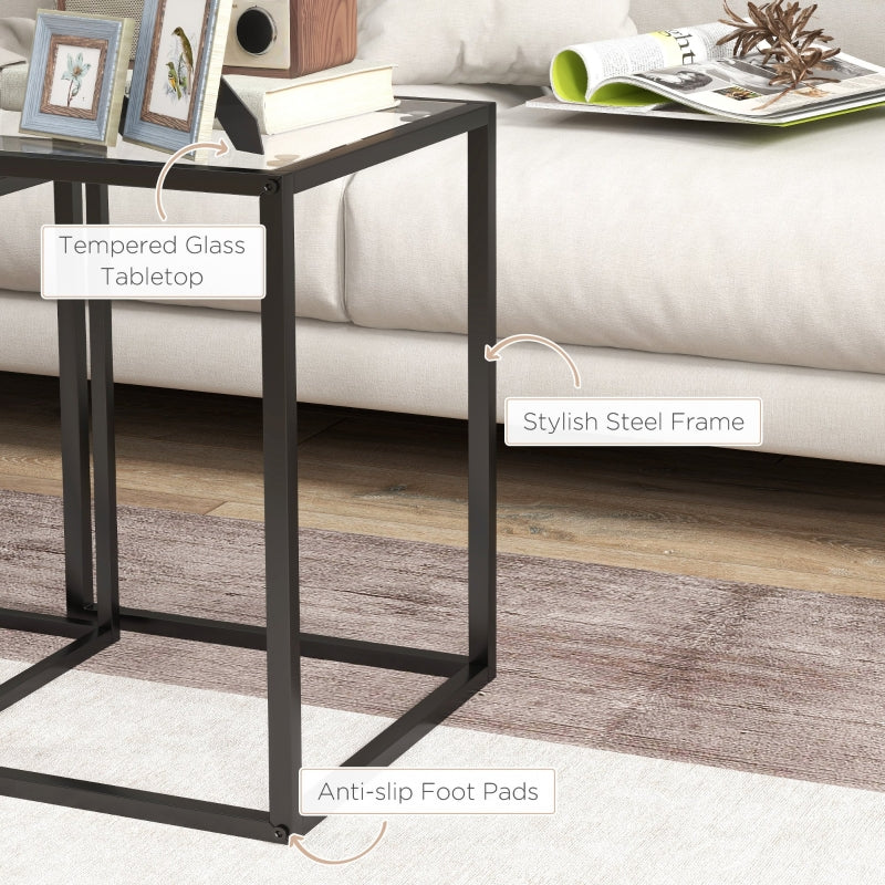 Nesting Tables Set of 2, Side End Table with Tempered Glass Top and Steel Frame, Black