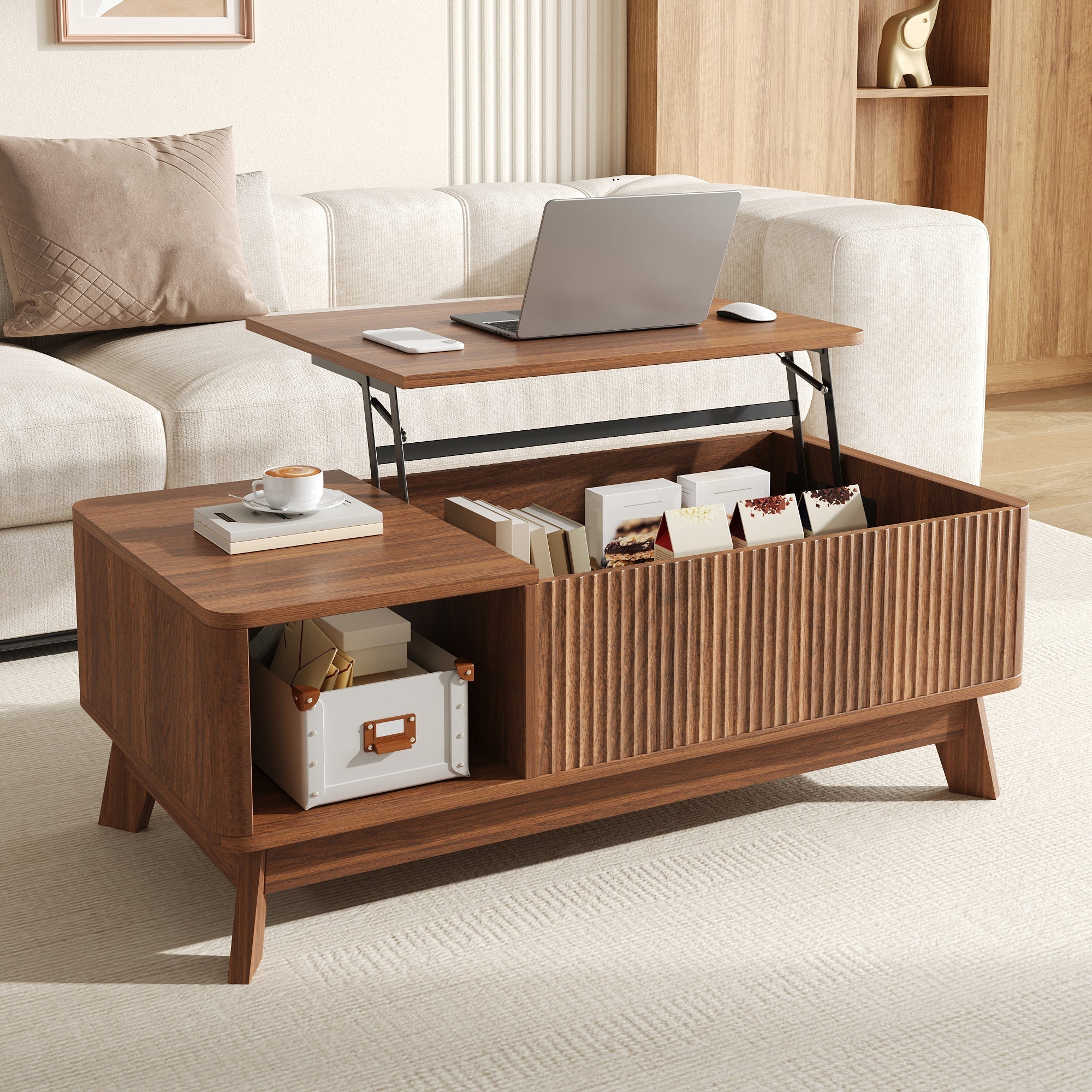 Coffee Table with Lifting Mechanism, Wave Design and Side Compartment, MDF Material