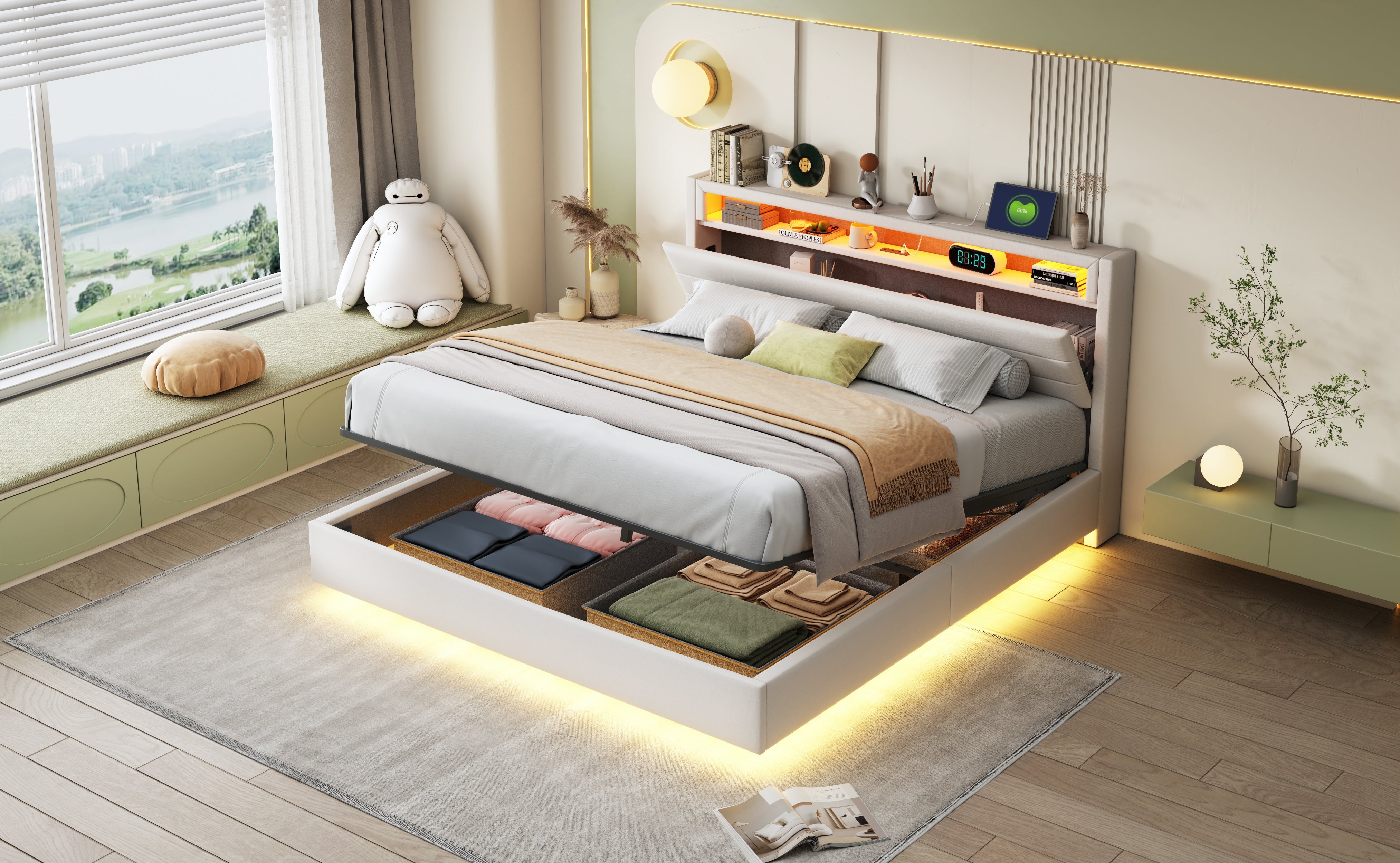 Upholstered Bed, Hydraulic Floating with Storage, USB & LED, Reversible Headboard, Linen Beige