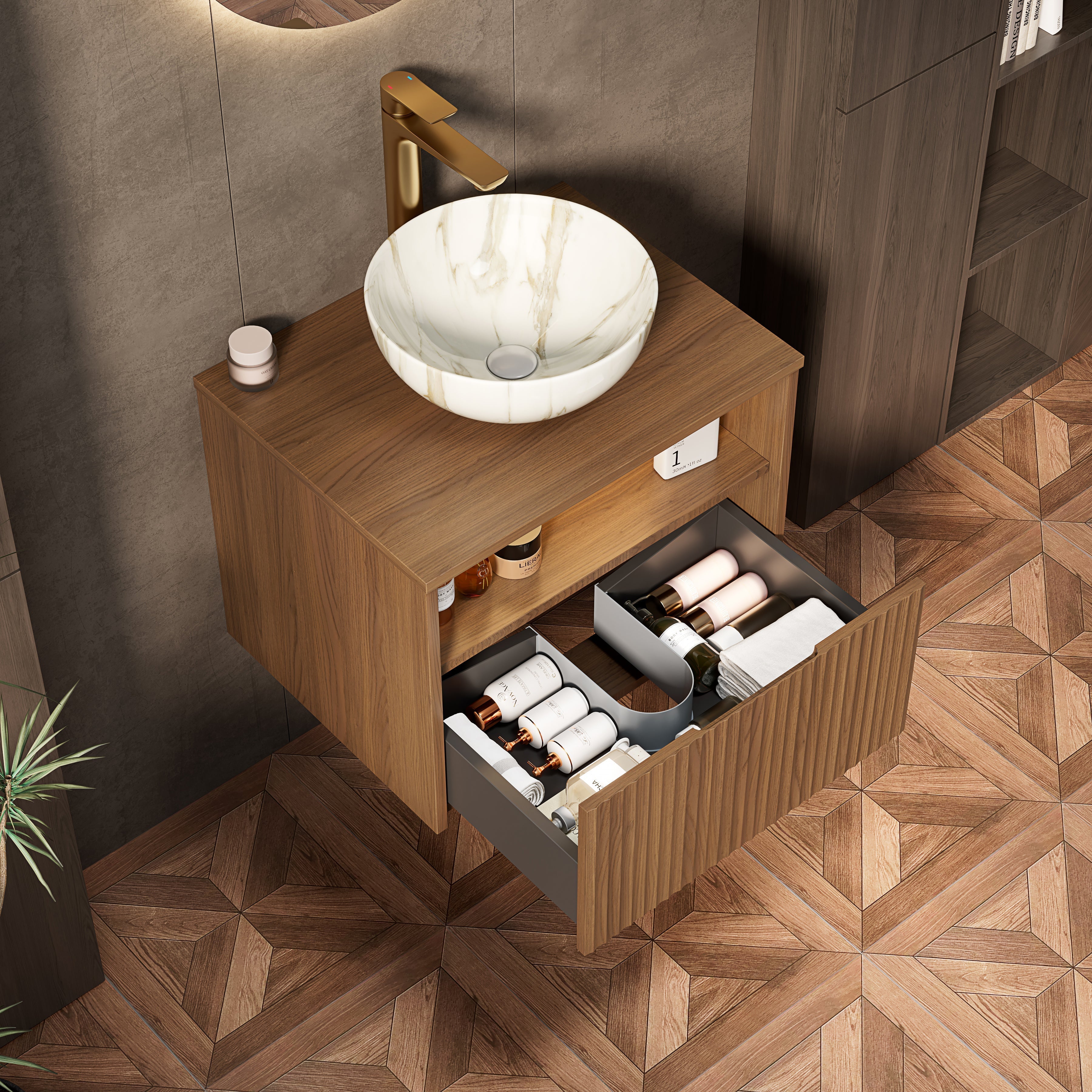 Floating Bathroom Sink with 60cm Ceramic Bowl and Sensor Light, Espresso Wood Grain
