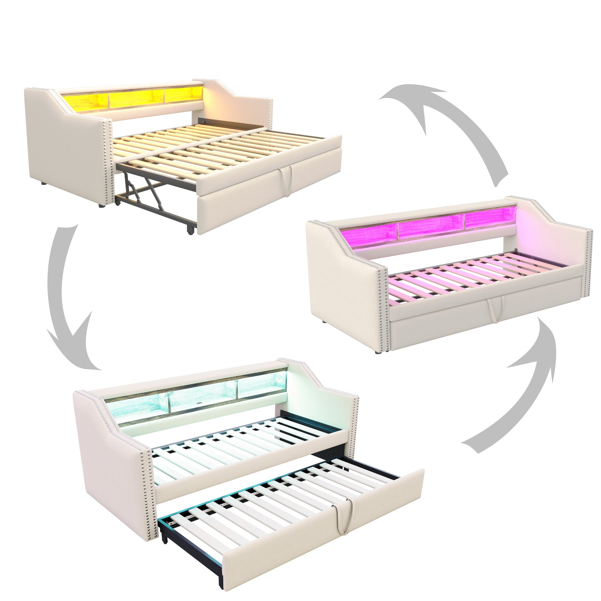 Upholstered Sofa Bed, Pull-Out with Storage, LED & USB, Beige