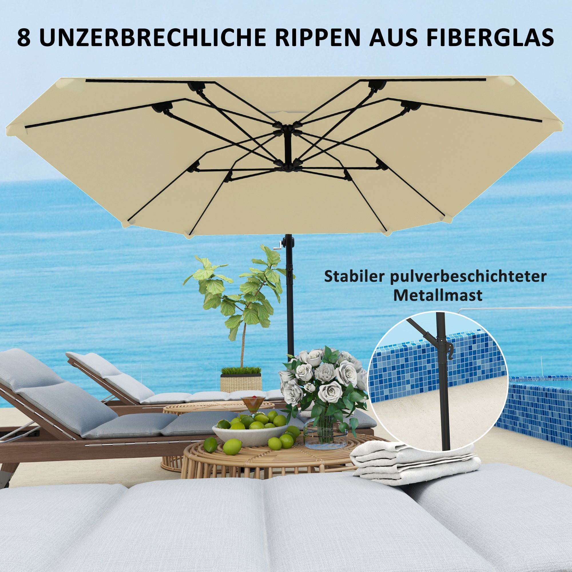 Ampelschirm, Ø 260 cm, Wasserdicht, Neigbar, Aluminium, Beige