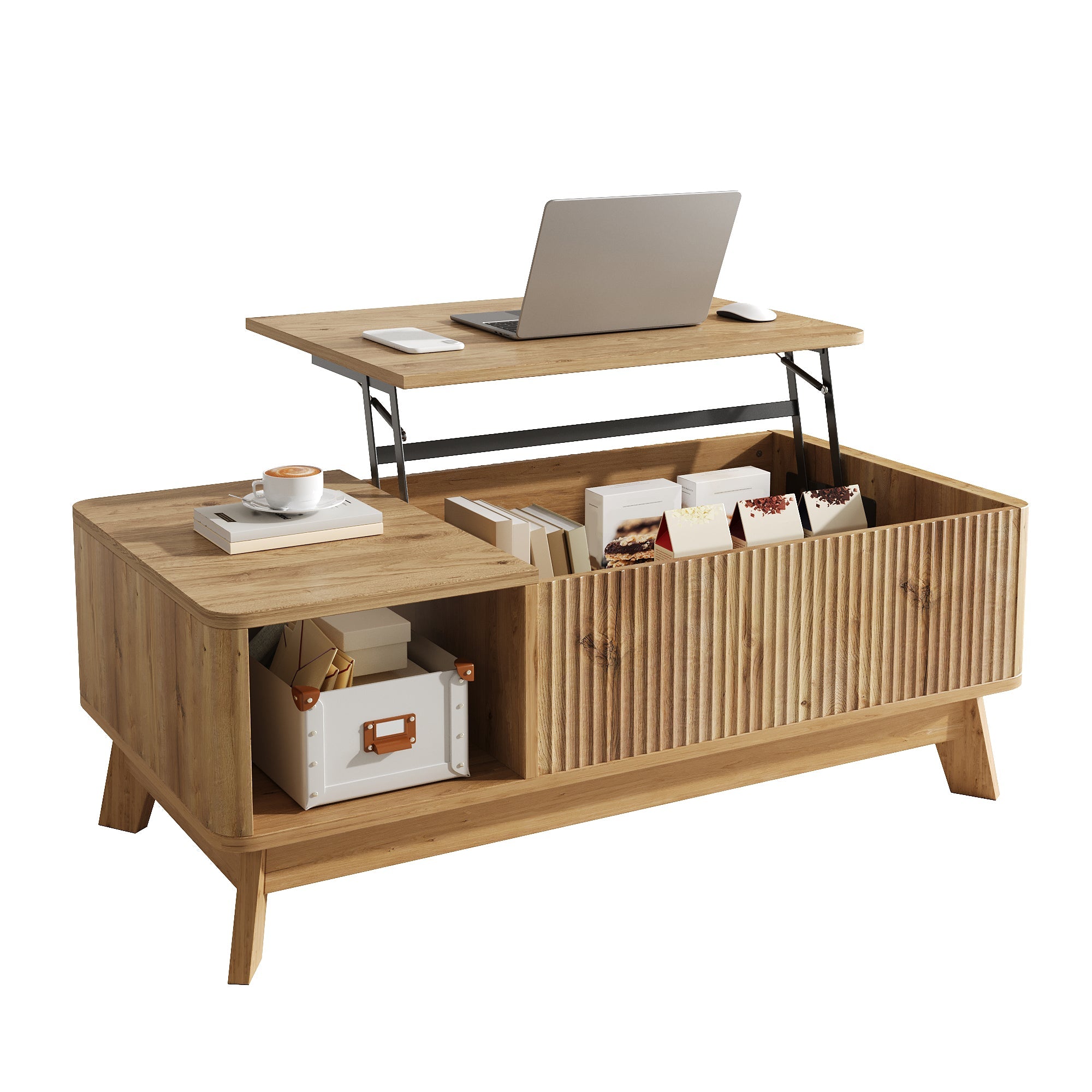 Coffee Table with Lifting Mechanism, Wave Design and Open Side Compartment, MDF Material
