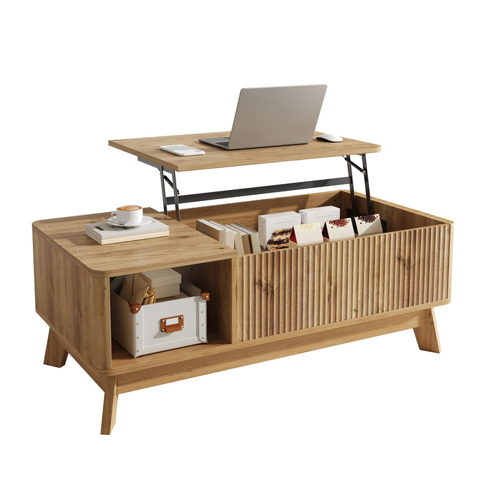 Coffee Table with Lifting Mechanism, Wave Design and Open Side Compartment, MDF Material