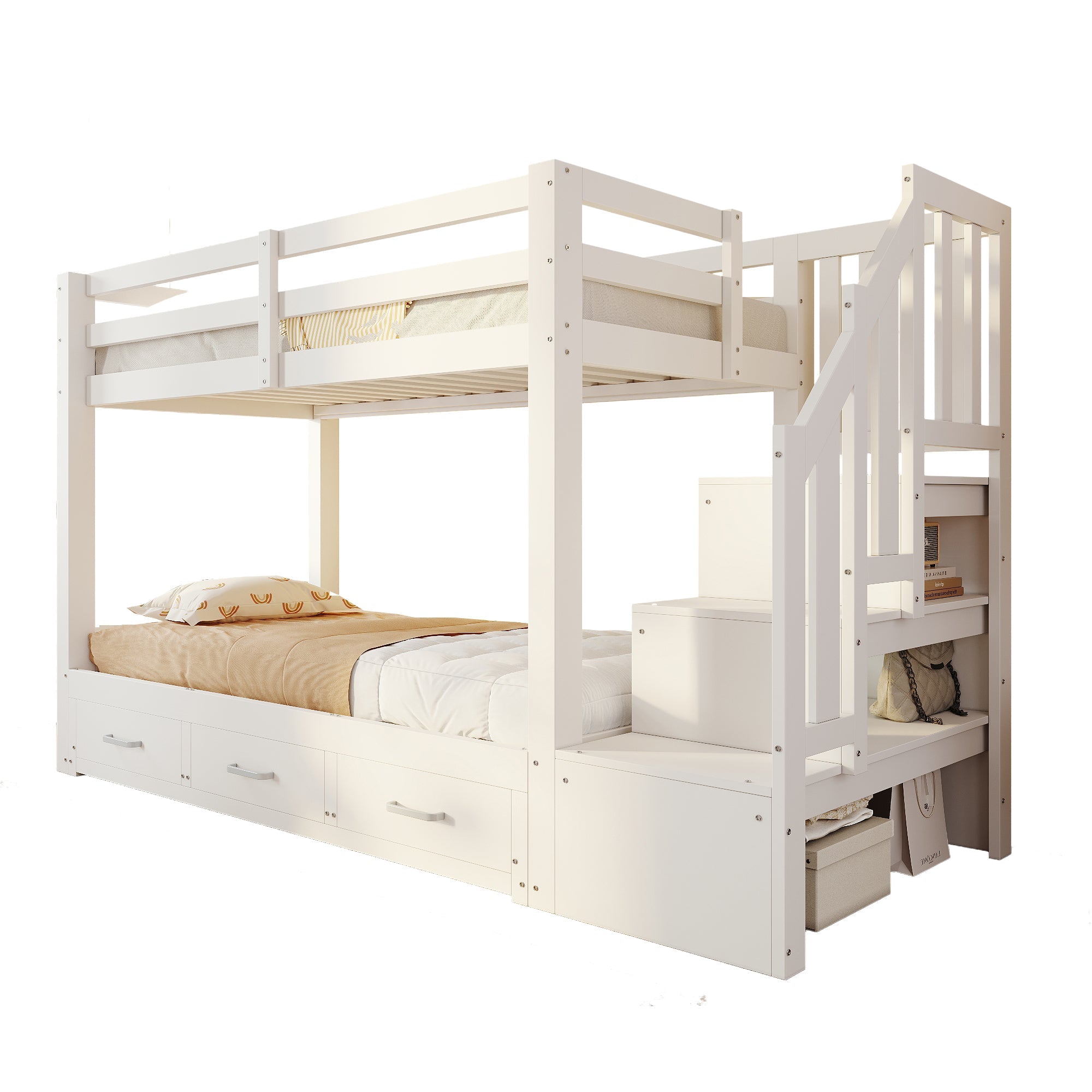 Bunk Bed with Pull-out Bed, Storage Ladder and Drawers, 90x200cm, White Wood