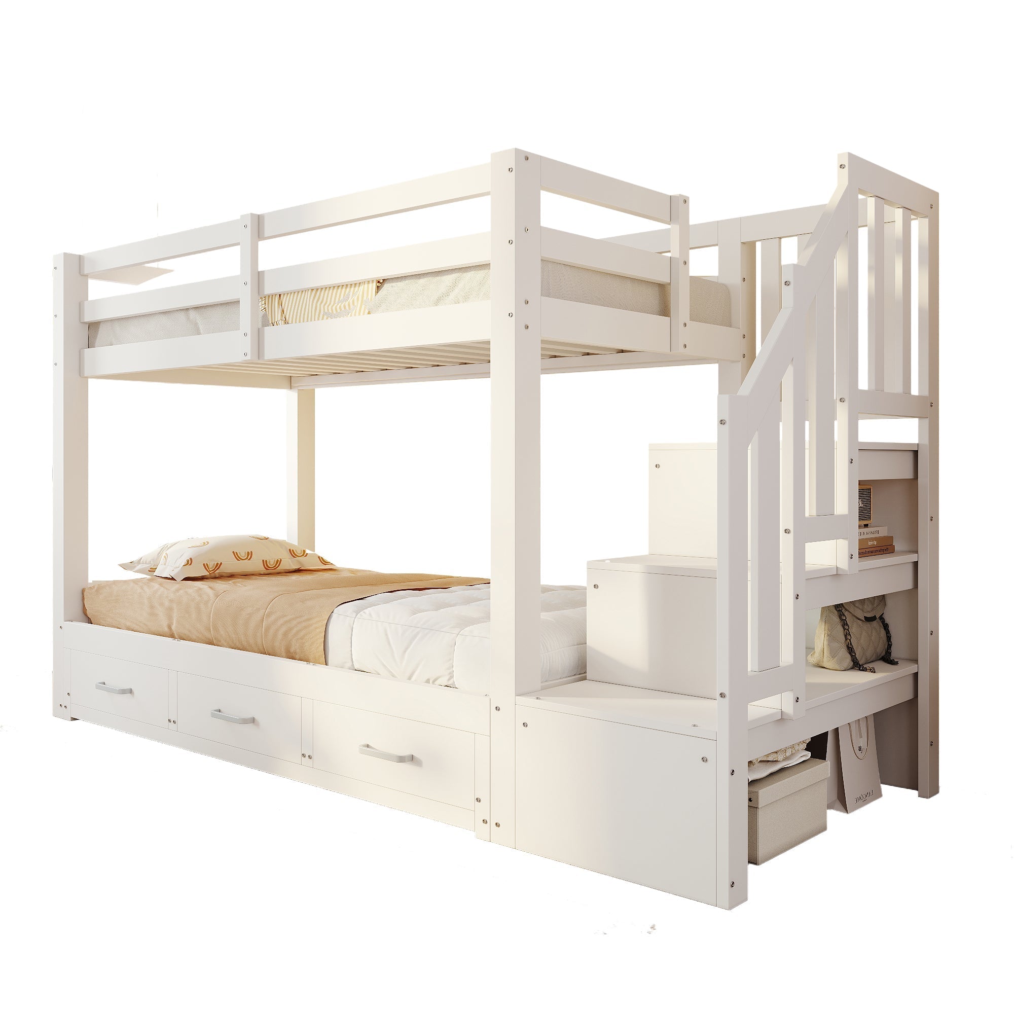 Bunk Bed with Pull-out Bed, Storage Ladder and Drawers, 90x200cm, White Wood