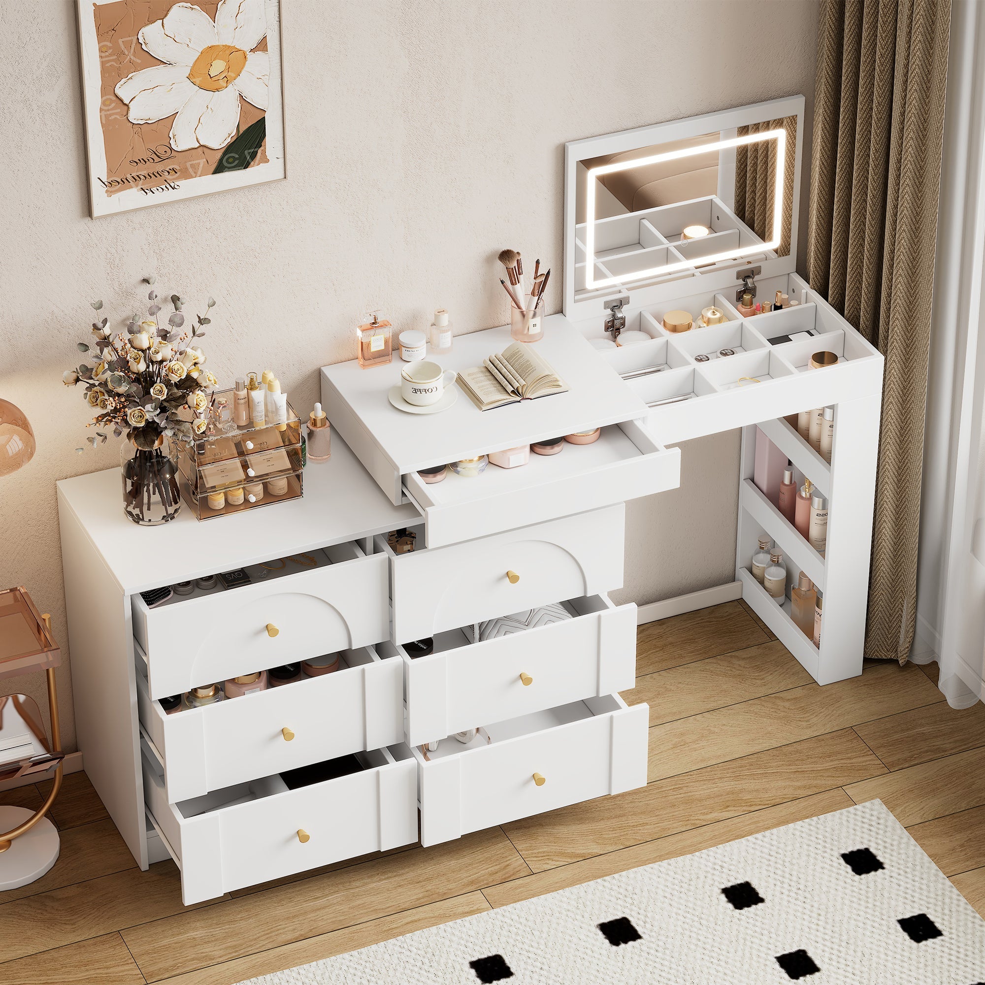 Rotating Dressing Table, LED Lighting, Vanity/Office Table, White