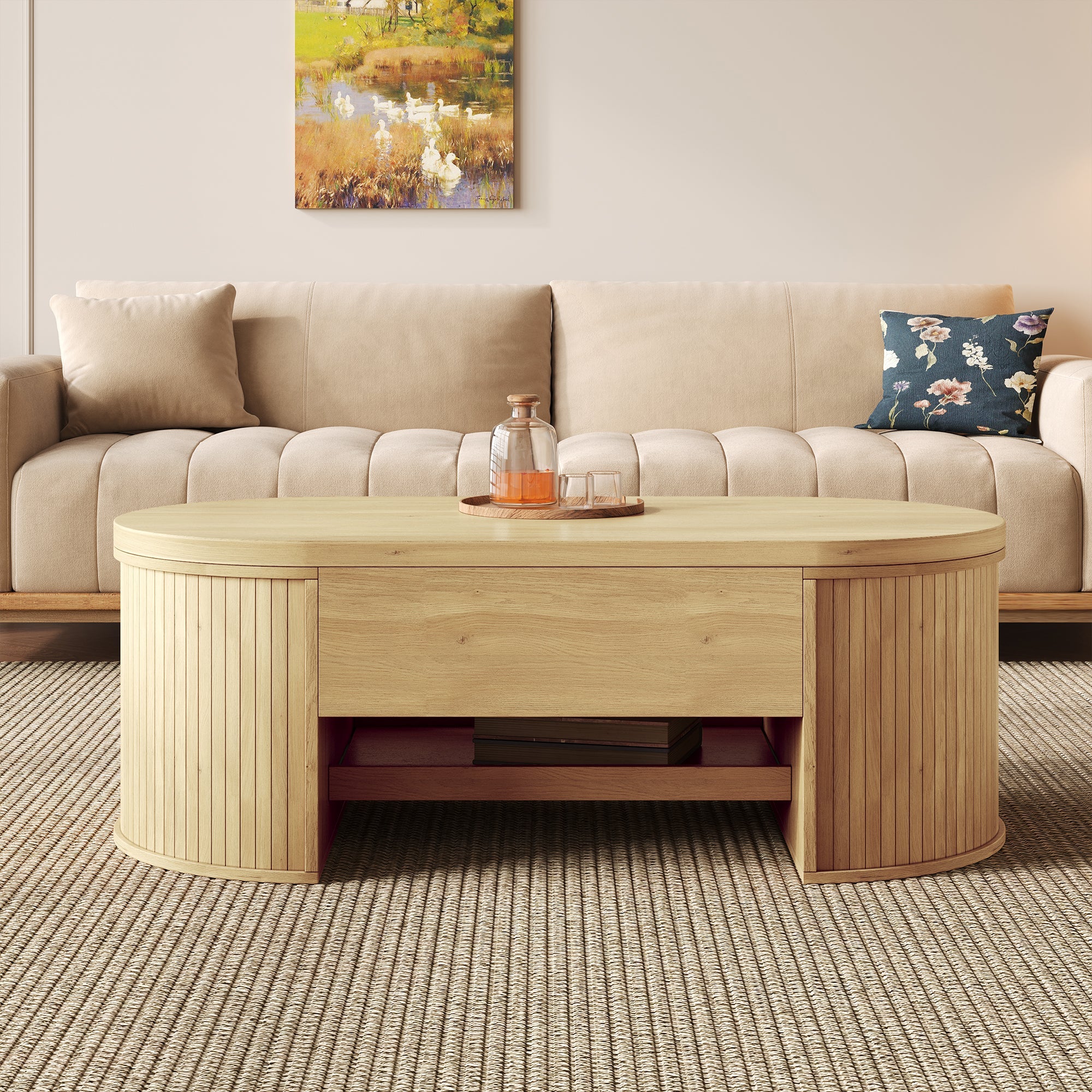 Liftable Coffee Table with Curved Wooden Sides, Extendable Shelf, Liftable Tabletop, Multifunctional Living Room Furniture