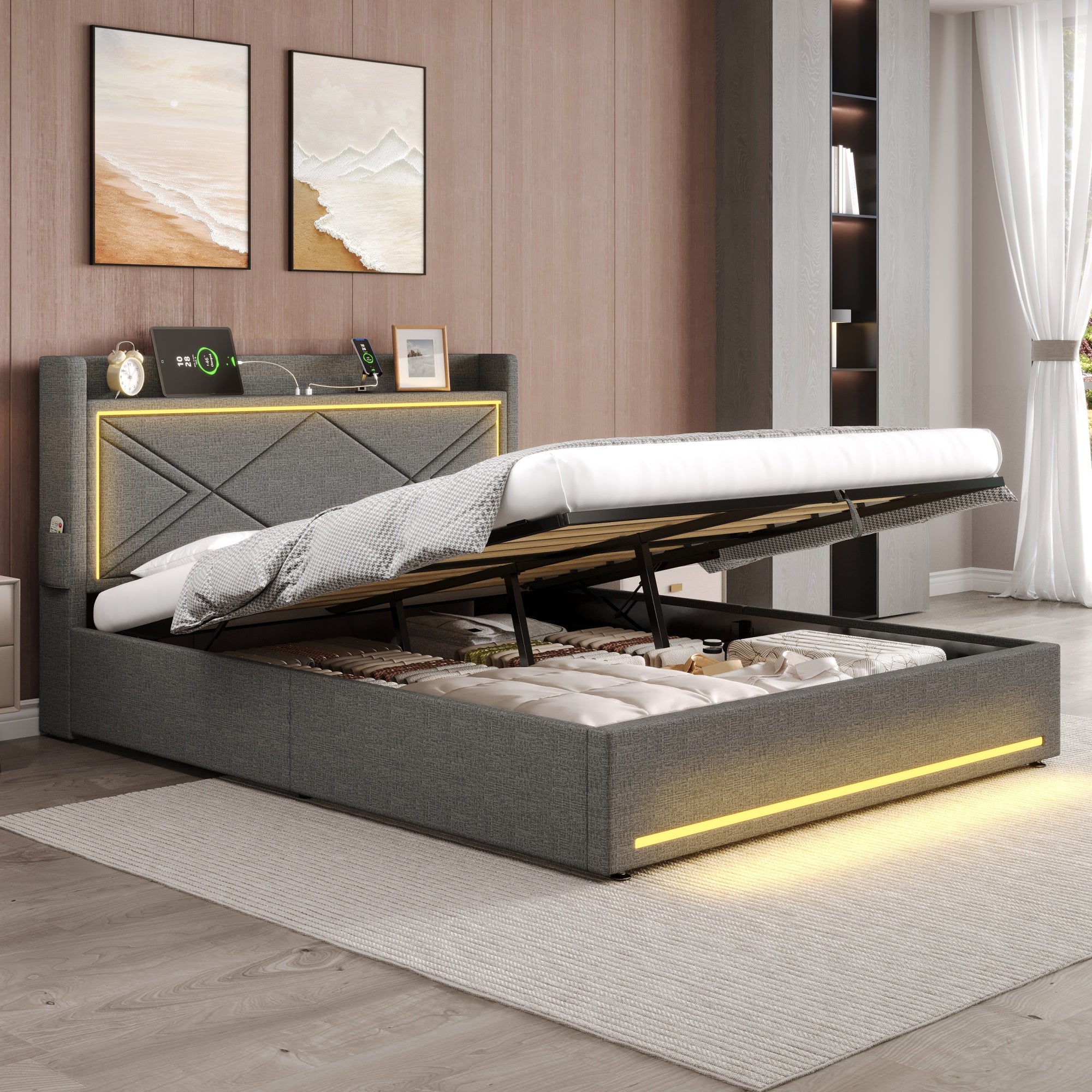 4ft6 Double Upholstered Bed Frame, Hydraulic Storage LED Charging Station, Grey Linen