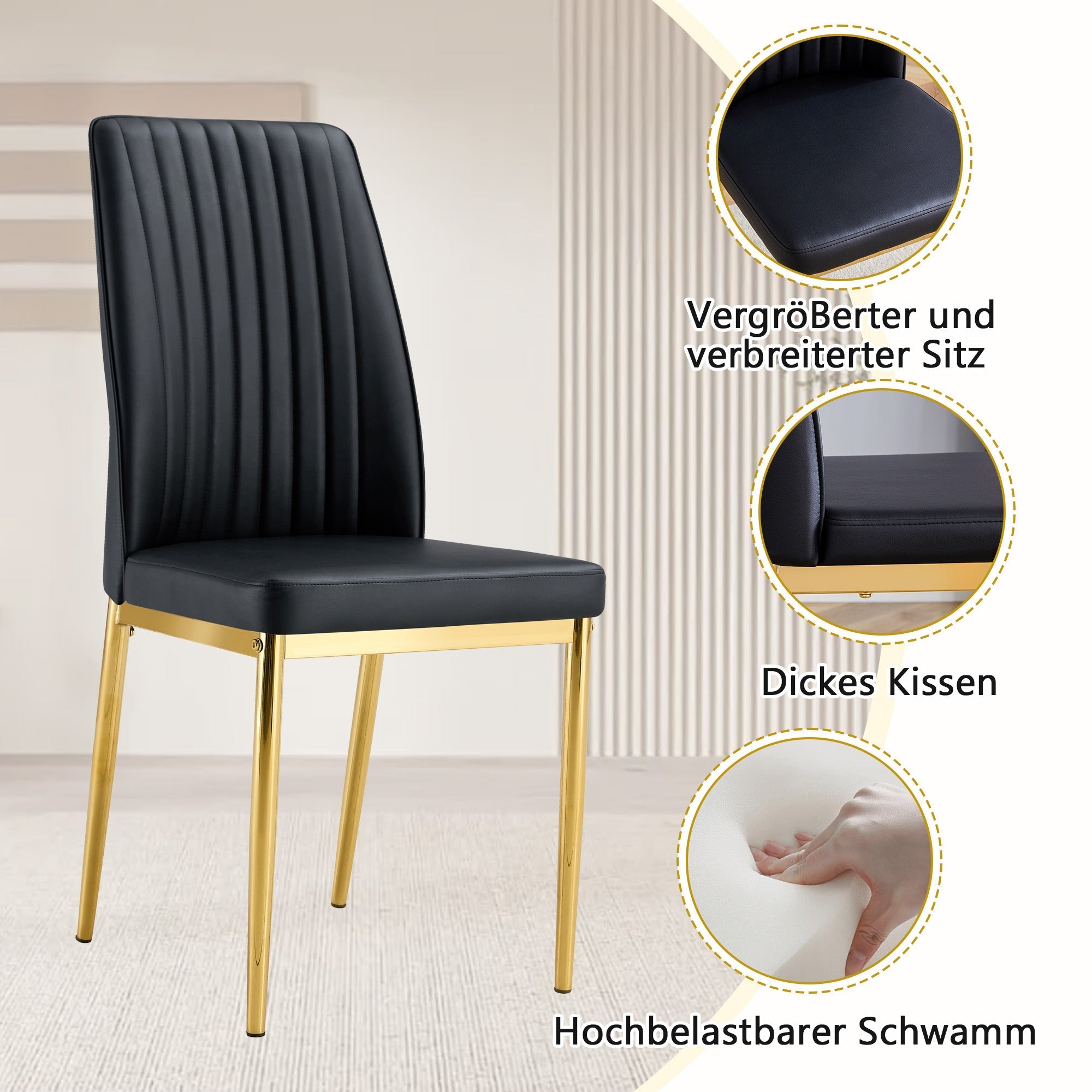 Dining Table Set Modern Minimalist Round Glass Table 4 Chairs - Faux Leather Black