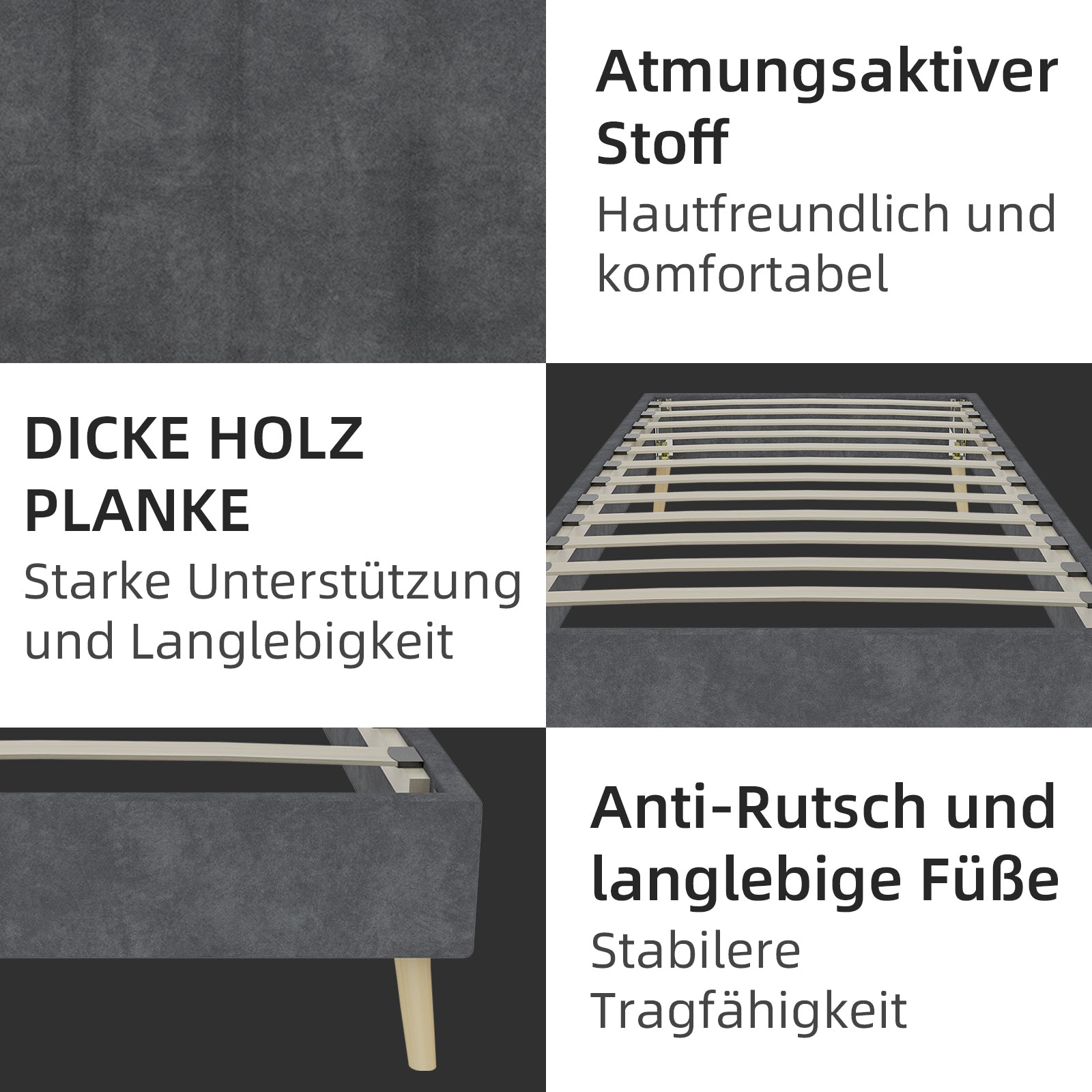Modernes minimalistisches Bettgestell, niedrige Basis 90x200 cm, grauer holländischer Samtstoff