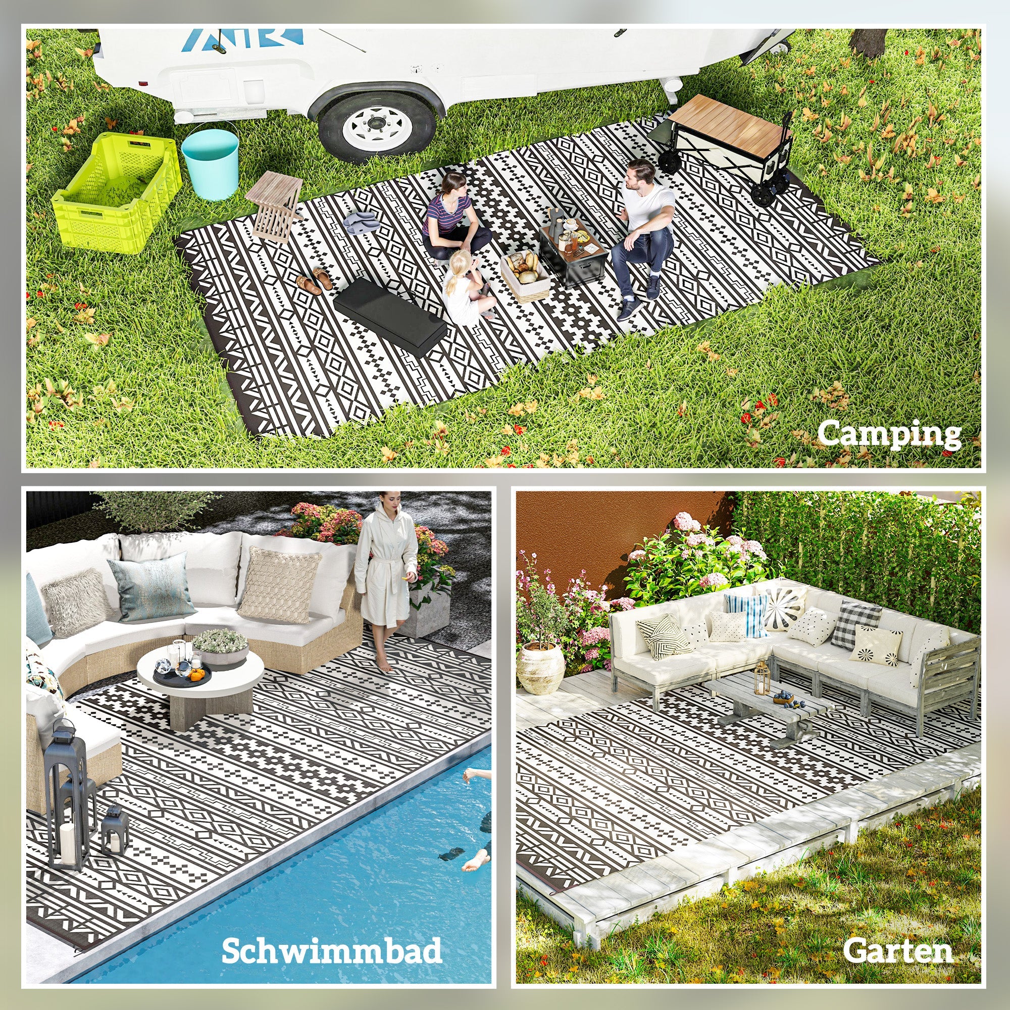 Outdoor Rug, Robust Weatherproof Foldable Boho, Black and White