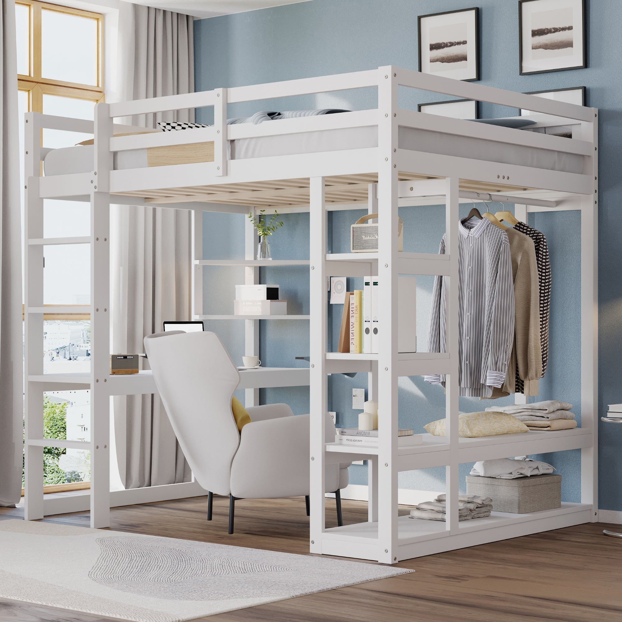 Loft Bed with Desk and Shelves, Solid Wood White and Grey