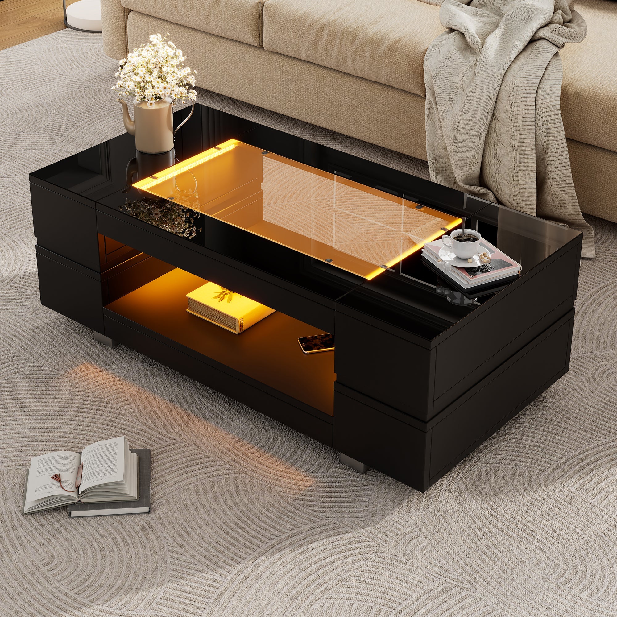 LED Coffee Table with Bluetooth App Control, Double-Layer High-Gloss, Black